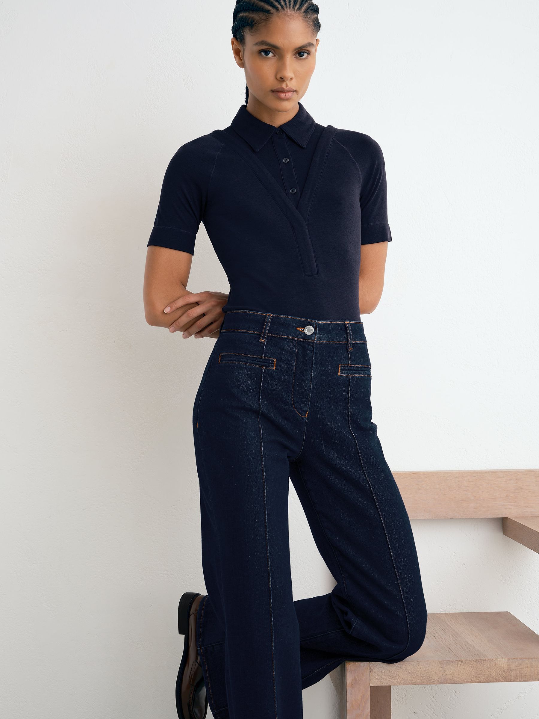 Pintuck-Detail Flared Jeans in Dark Blue - Image 1 of 8