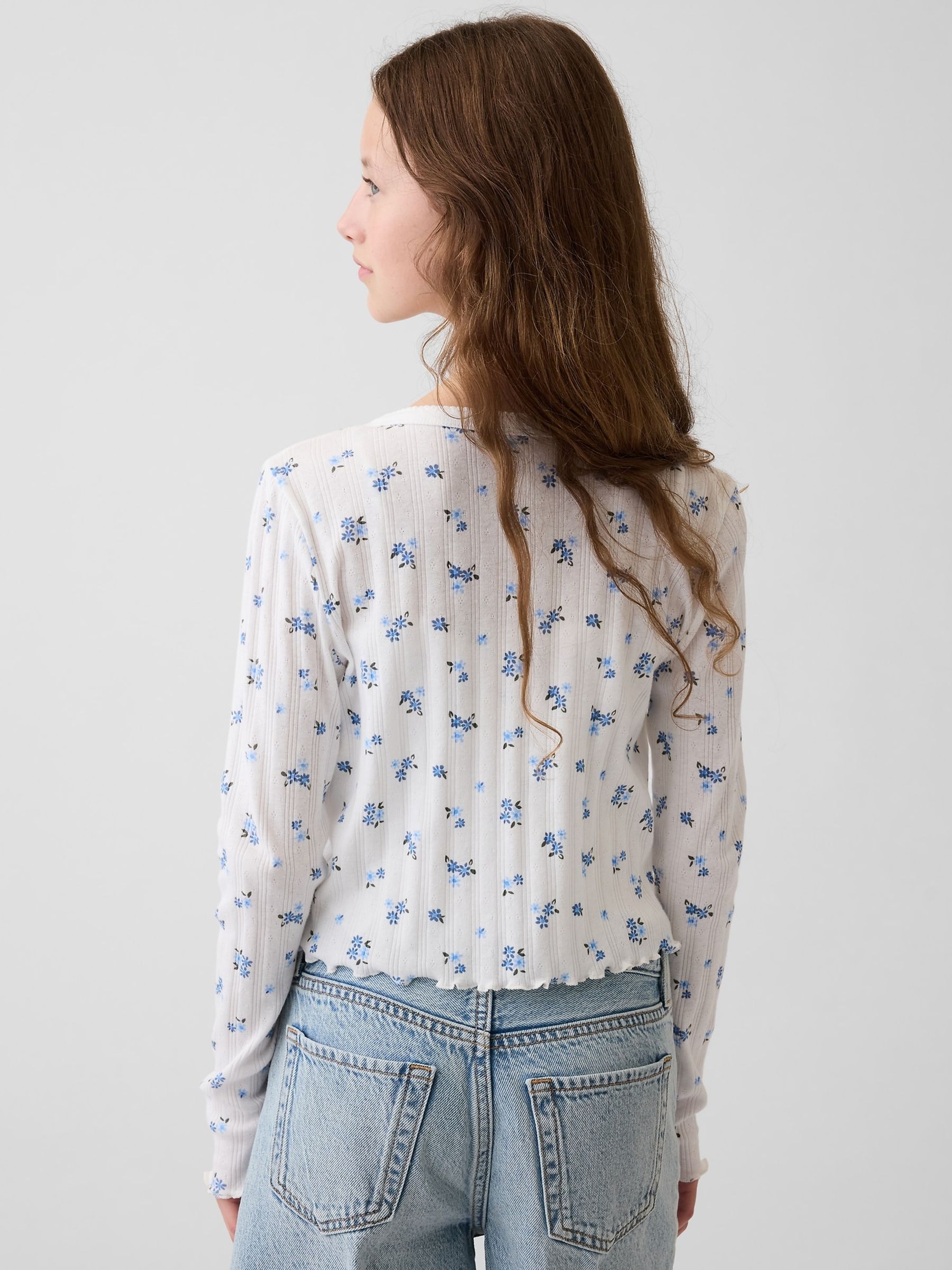 Blue Floral Pointelle Rib Cardigan - Image 2 of 5