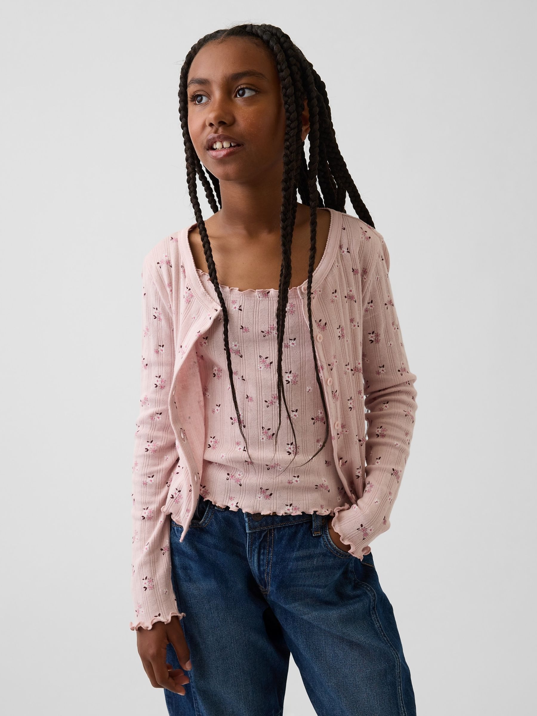 Pink Floral Pointelle Rib Cardigan - Image 1 of 5