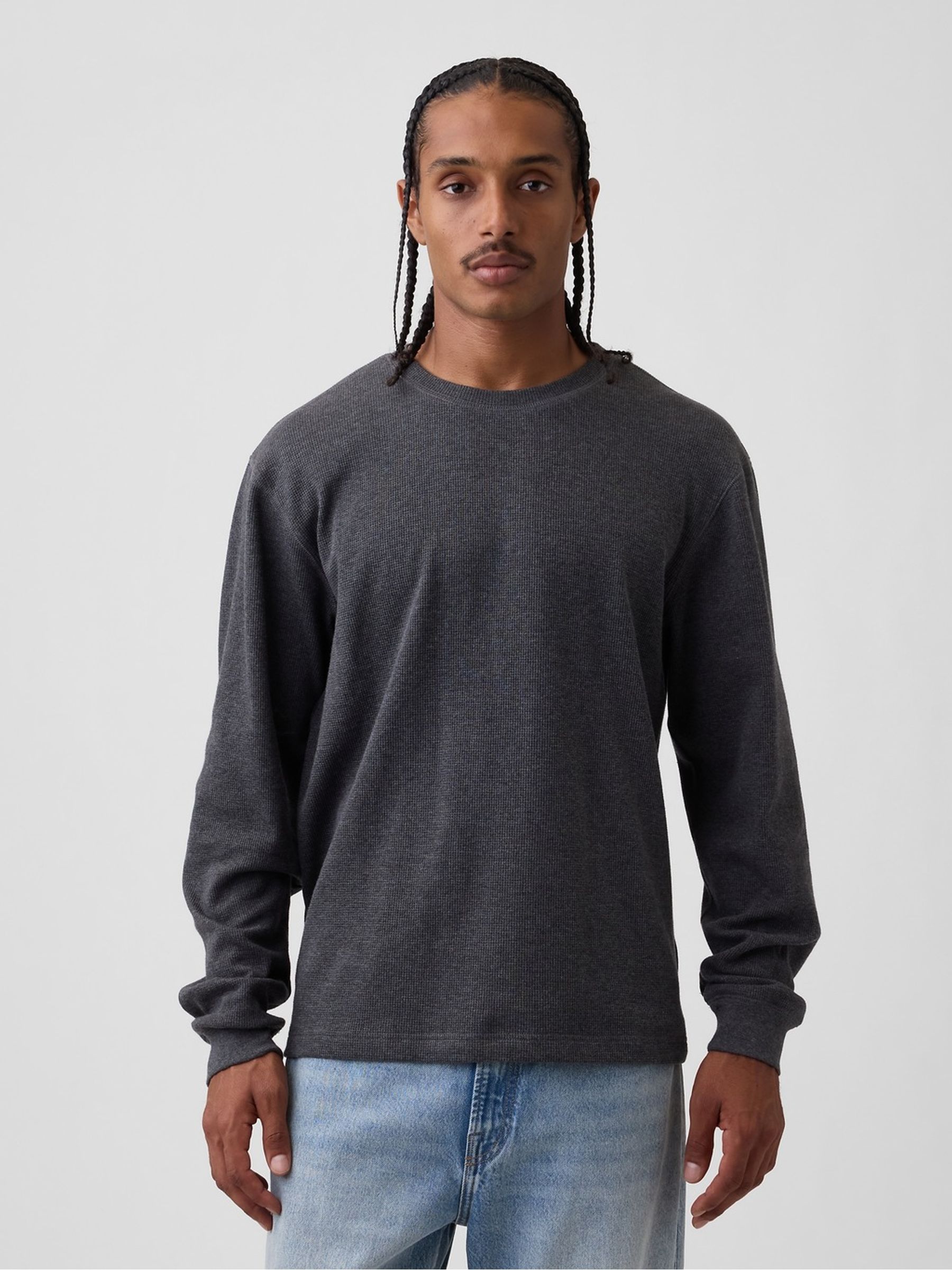 Charcoal Grey Relaxed Waffle Knit Long Sleeve T-Shirt - Image 1 of 5 Charcoal Grey Relaxed Waffle Knit Long Sleeve T-Shirt - Image 1 of 5