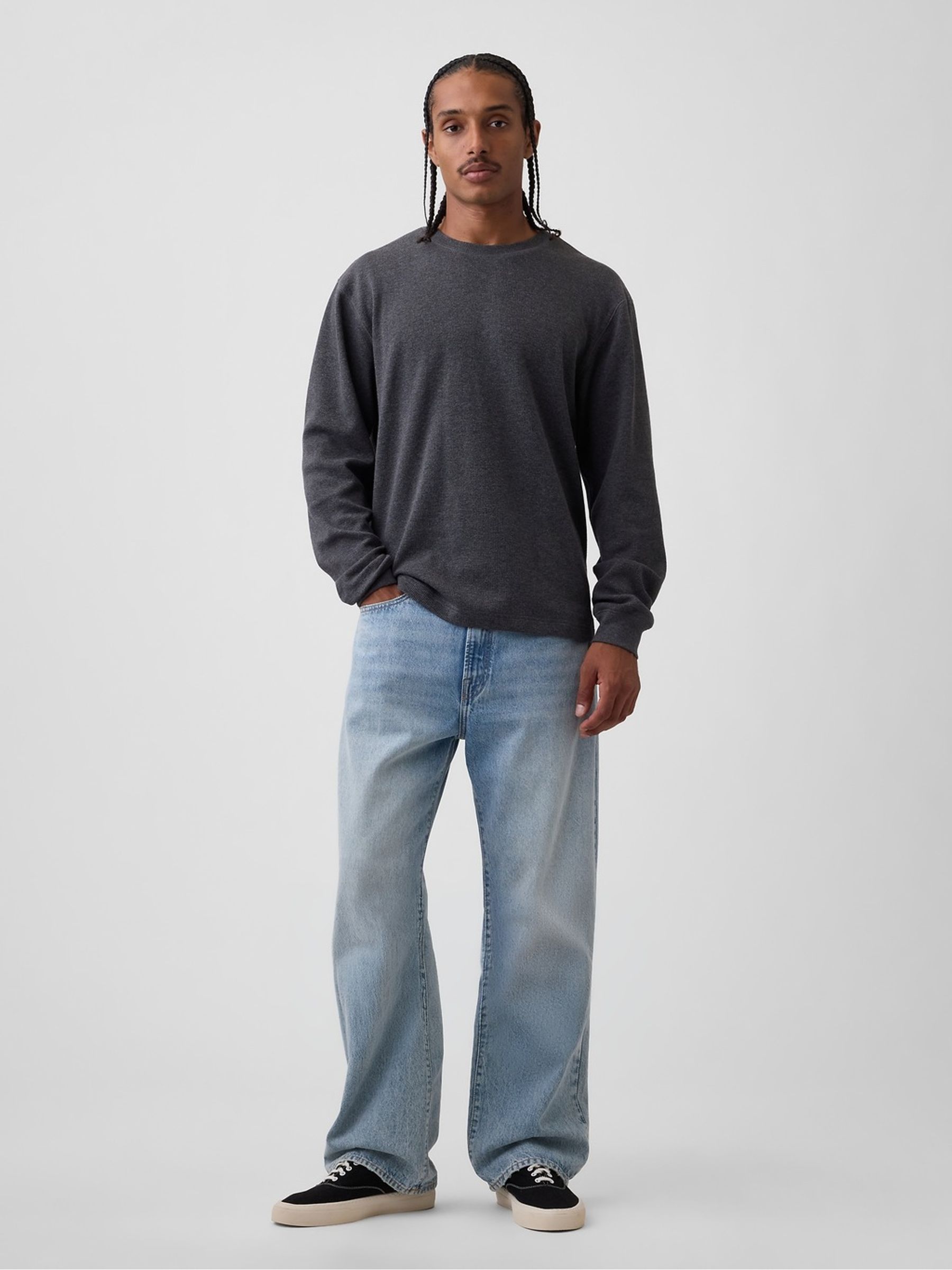 Charcoal Grey Relaxed Waffle Knit Long Sleeve T-Shirt - Image 3 of 5