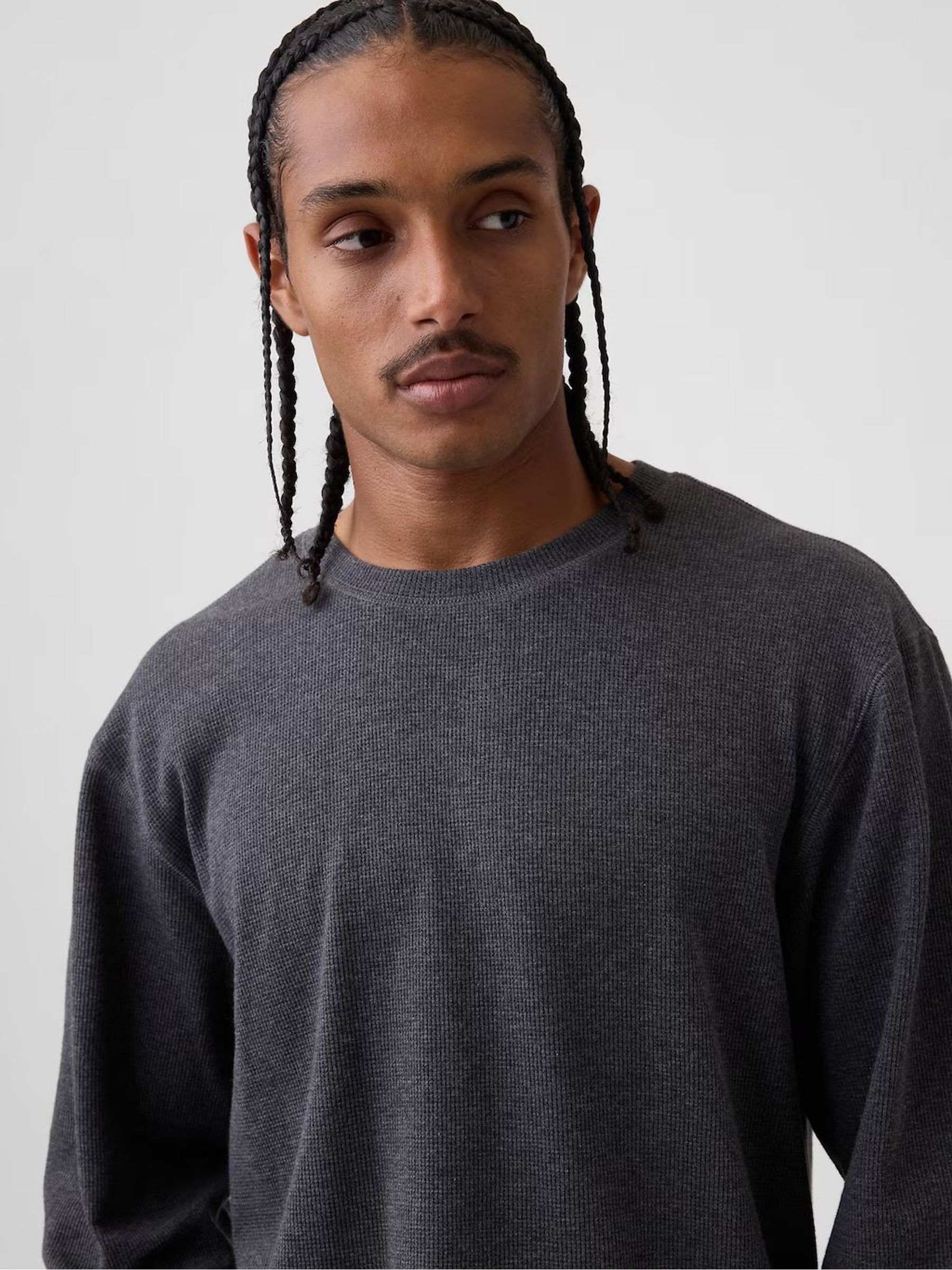 Charcoal Grey Relaxed Waffle Knit Long Sleeve T-Shirt - Image 4 of 5