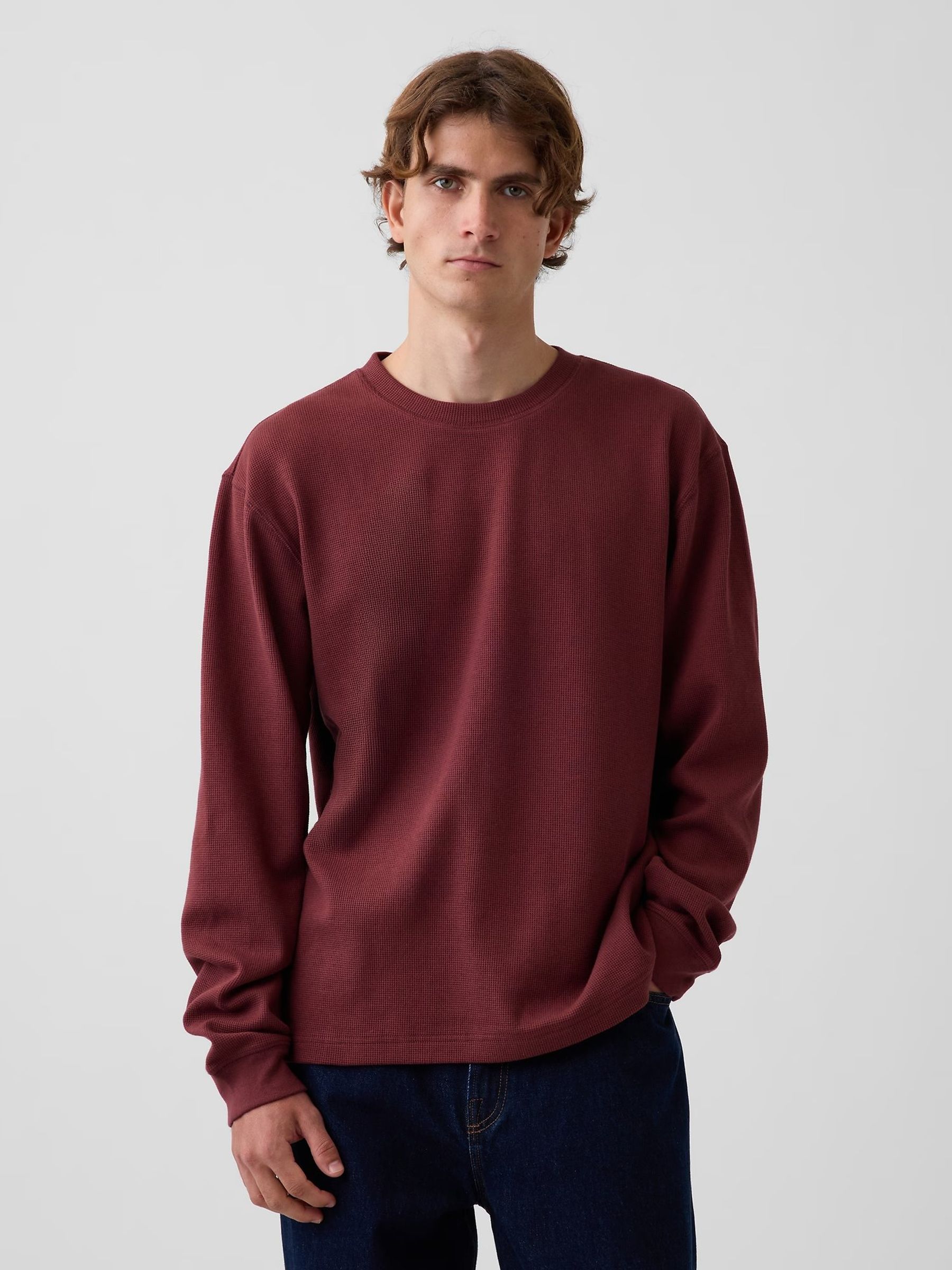 Burgundy Red Relaxed Waffle Knit Long Sleeve T-Shirt - Image 1 of 5