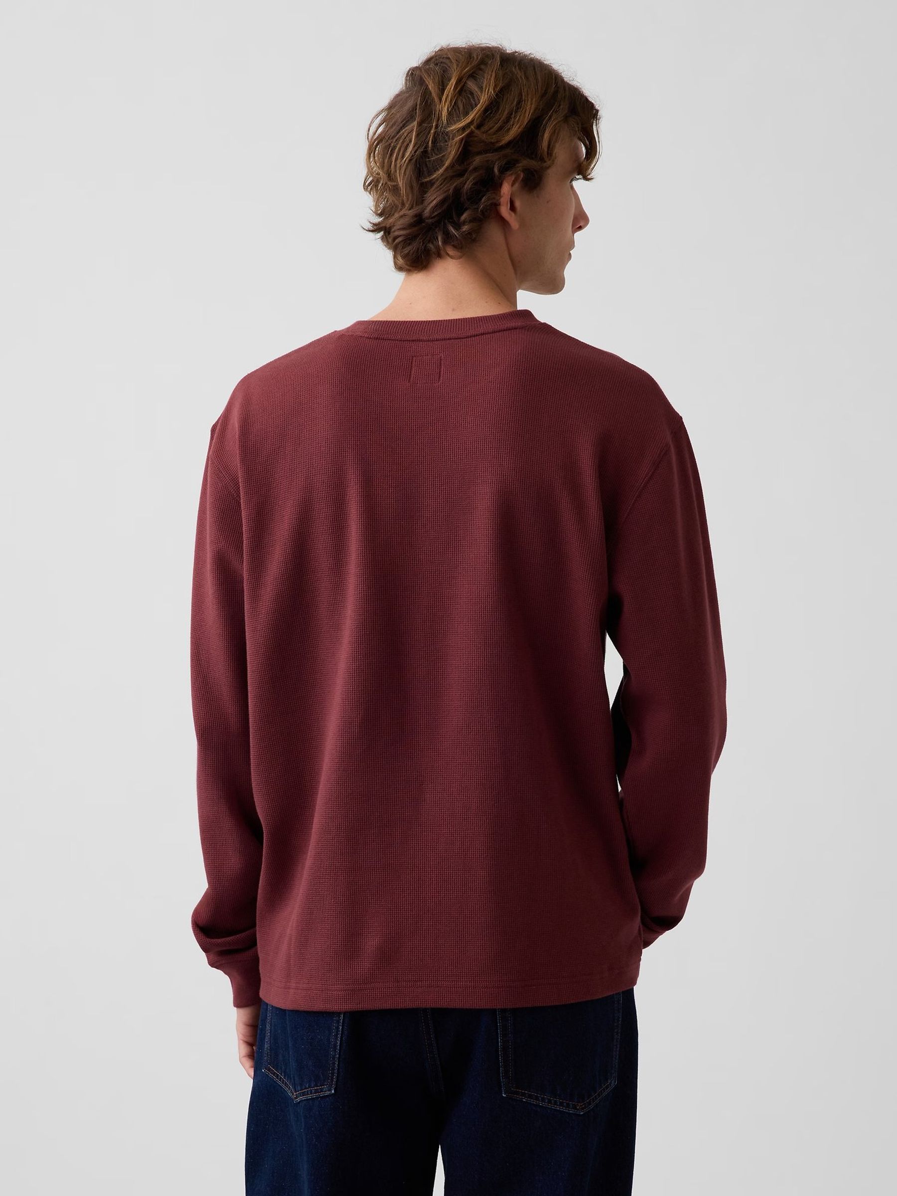 Burgundy Red Relaxed Waffle Knit Long Sleeve T-Shirt - Image 3 of 5