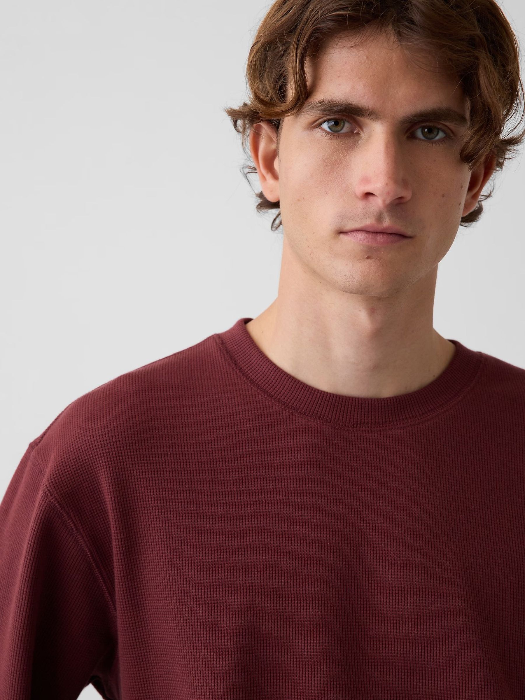 Burgundy Red Relaxed Waffle Knit Long Sleeve T-Shirt - Image 4 of 5