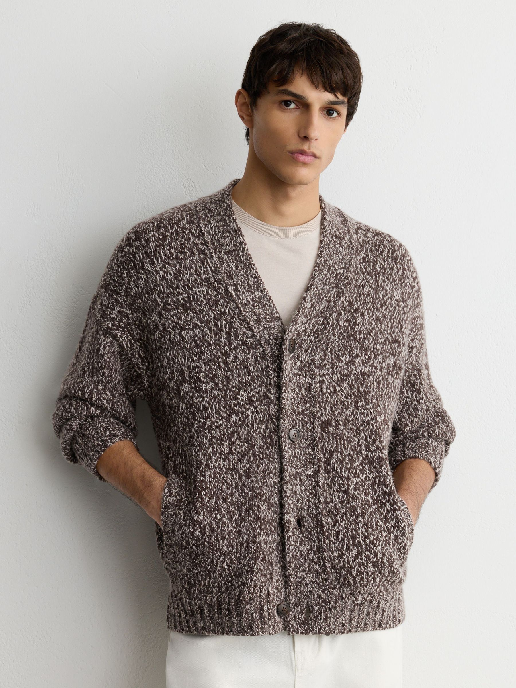 Wool-Blend Speckled-Knit Cardigan in Brown Multi - Image 1 of 7 Wool-Blend Speckled-Knit Cardigan in Brown Multi - Image 1 of 7