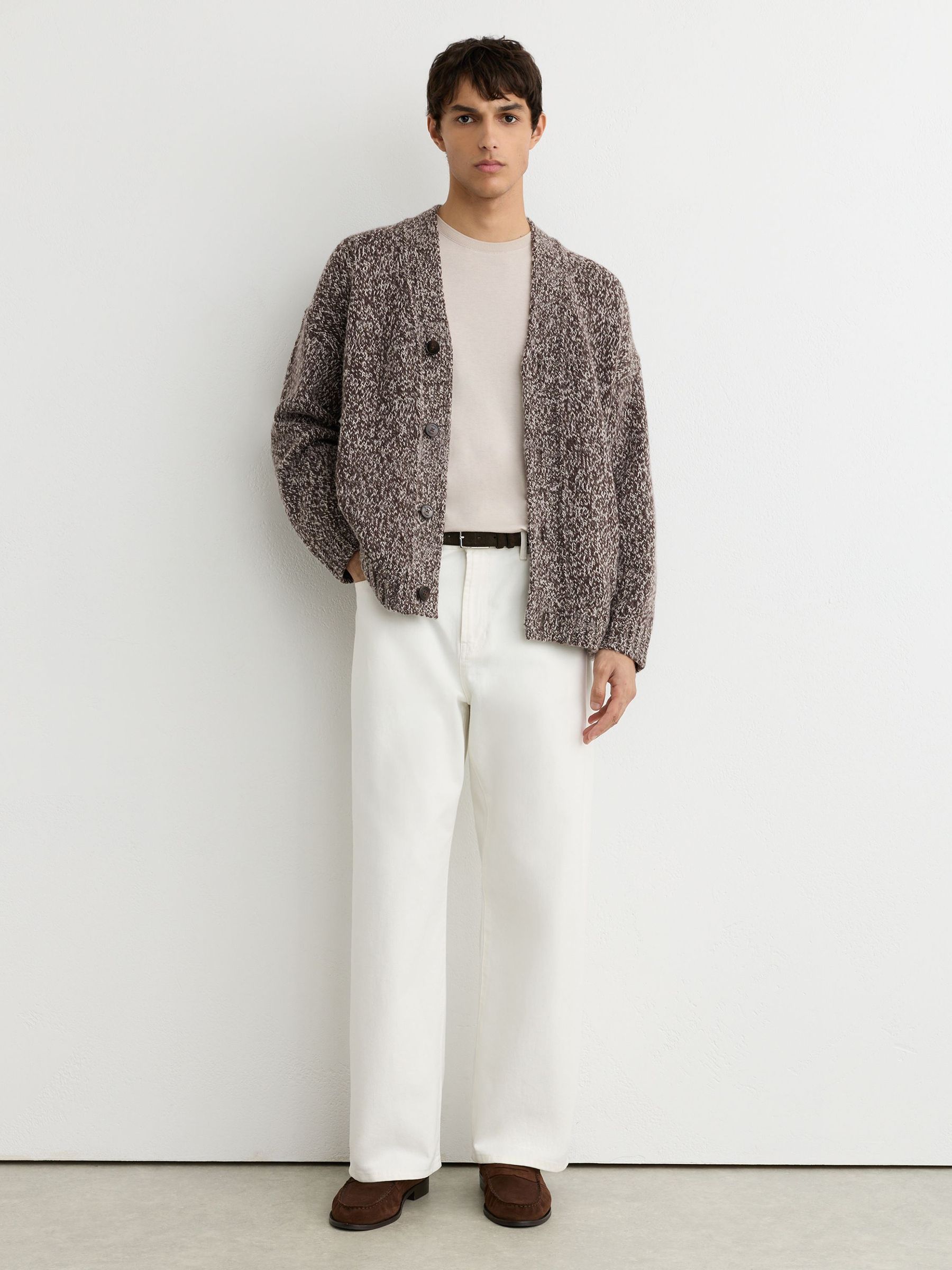Wool-Blend Speckled-Knit Cardigan in Brown Multi - Image 3 of 7