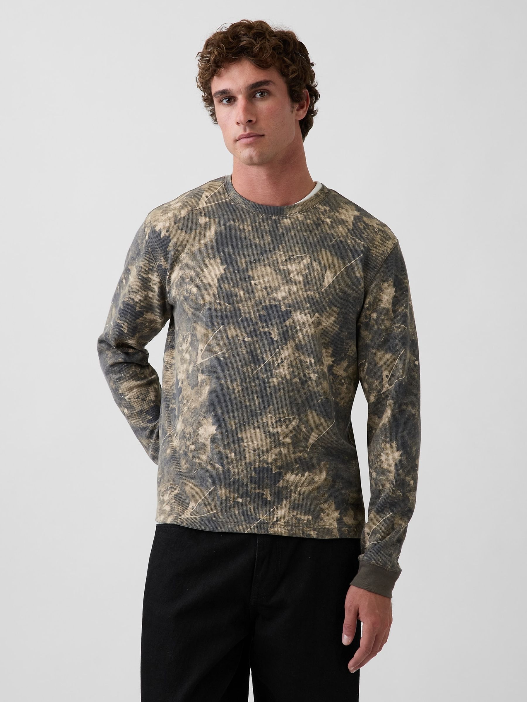 Green Camo Relaxed Waffle Knit Long Sleeve T-Shirt - Image 1 of 4 Green Camo Relaxed Waffle Knit Long Sleeve T-Shirt - Image 1 of 4