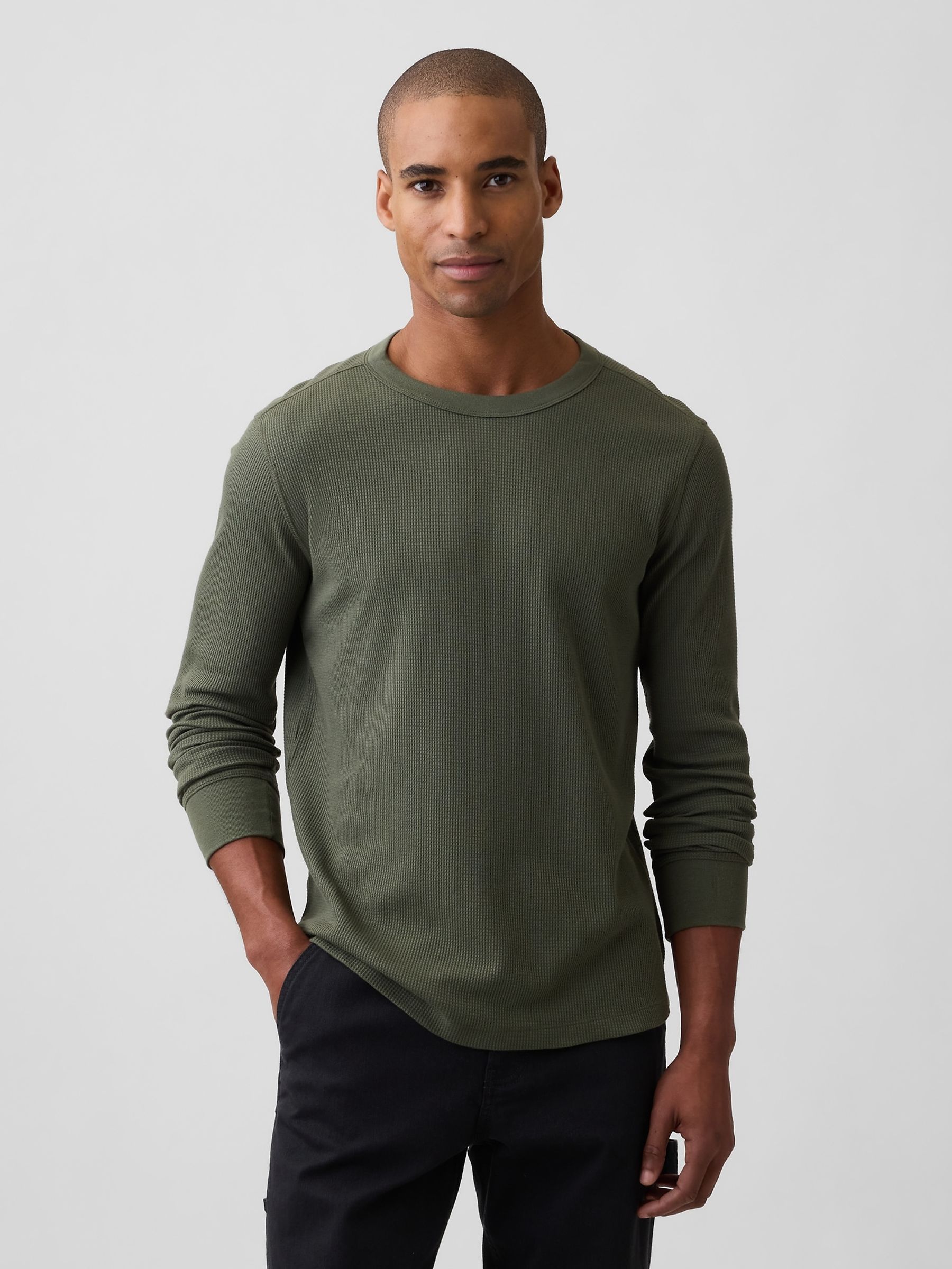 Khaki Green Waffle Knit Long Sleeve T-Shirt - Image 1 of 5