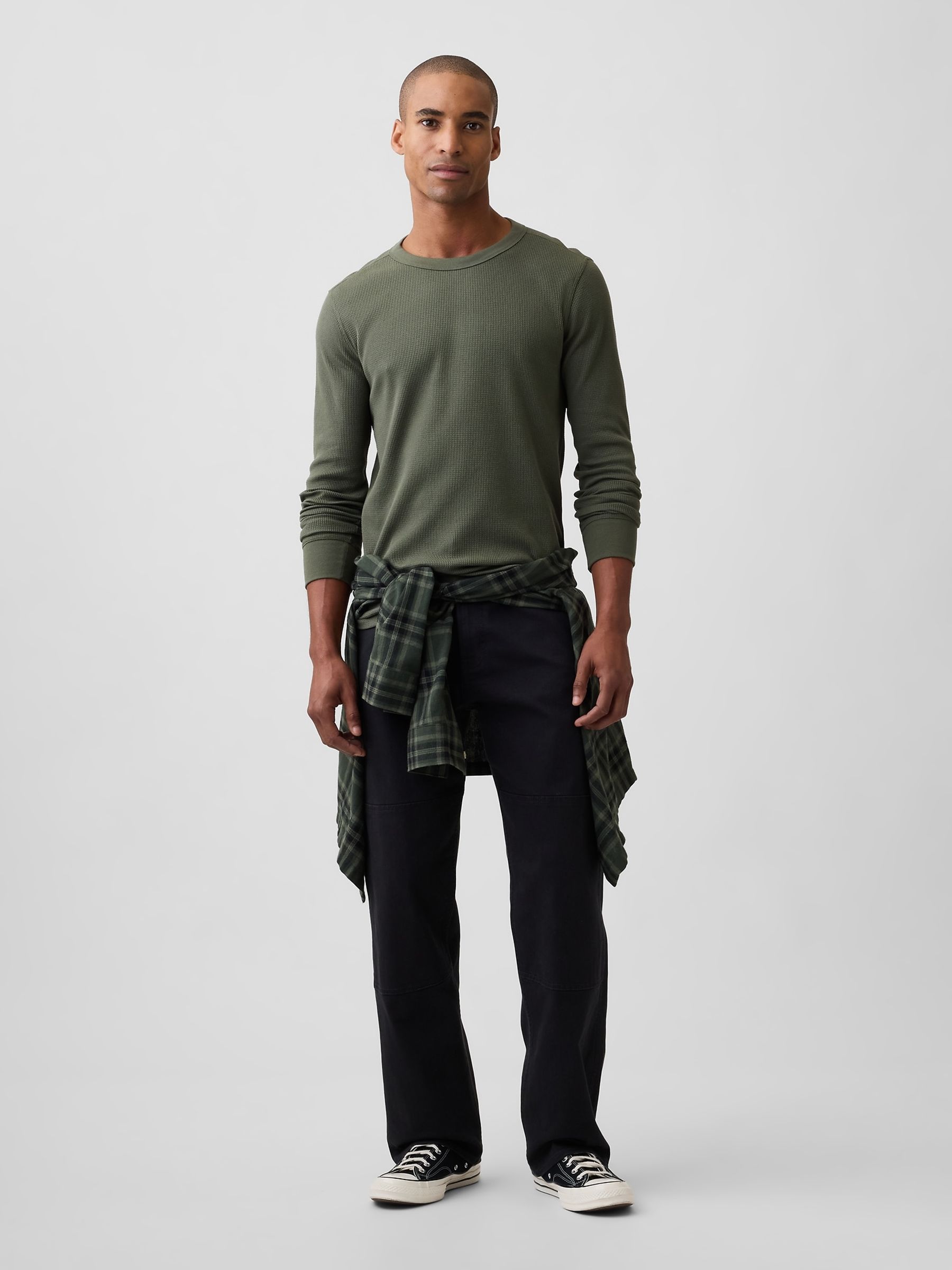 Khaki Green Waffle Knit Long Sleeve T-Shirt - Image 3 of 5
