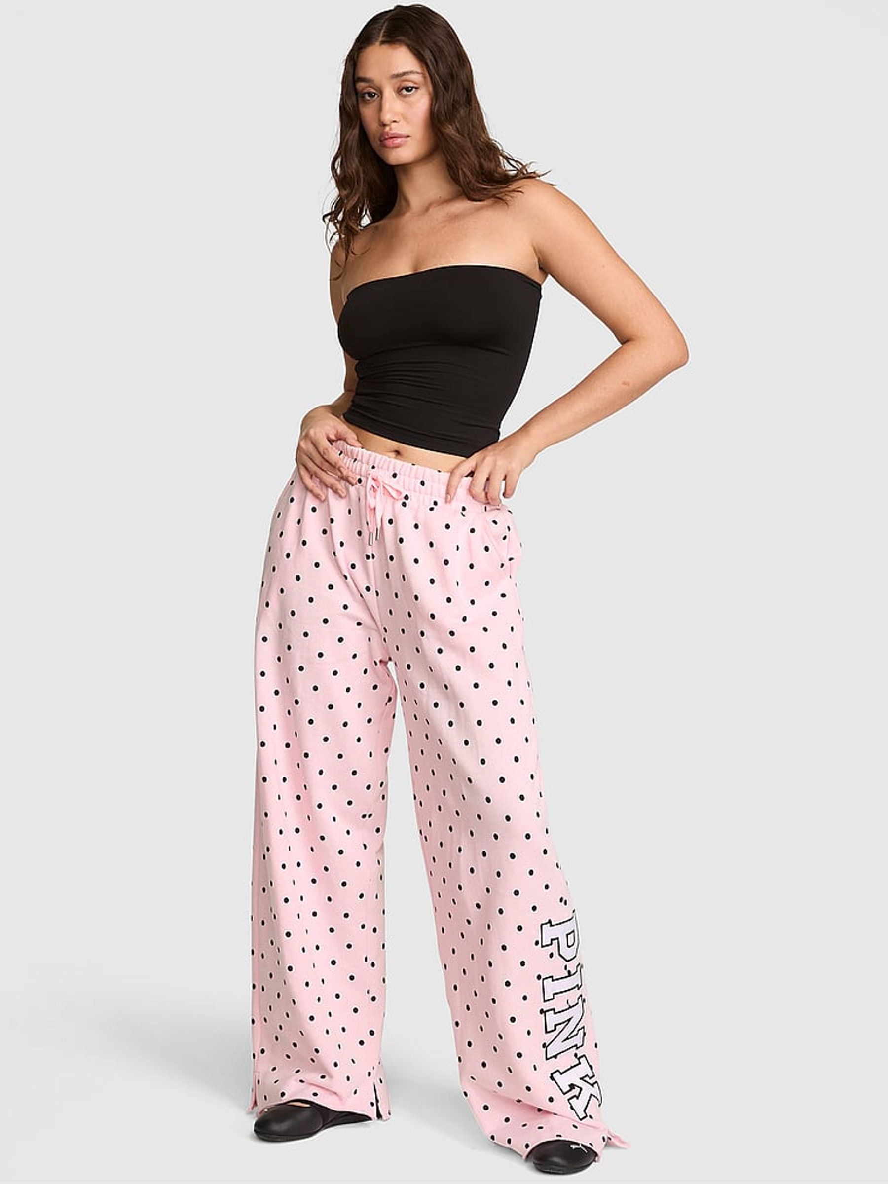 Pink Polka Dot Wide Leg Fleece Joggers - Image 1 of 2