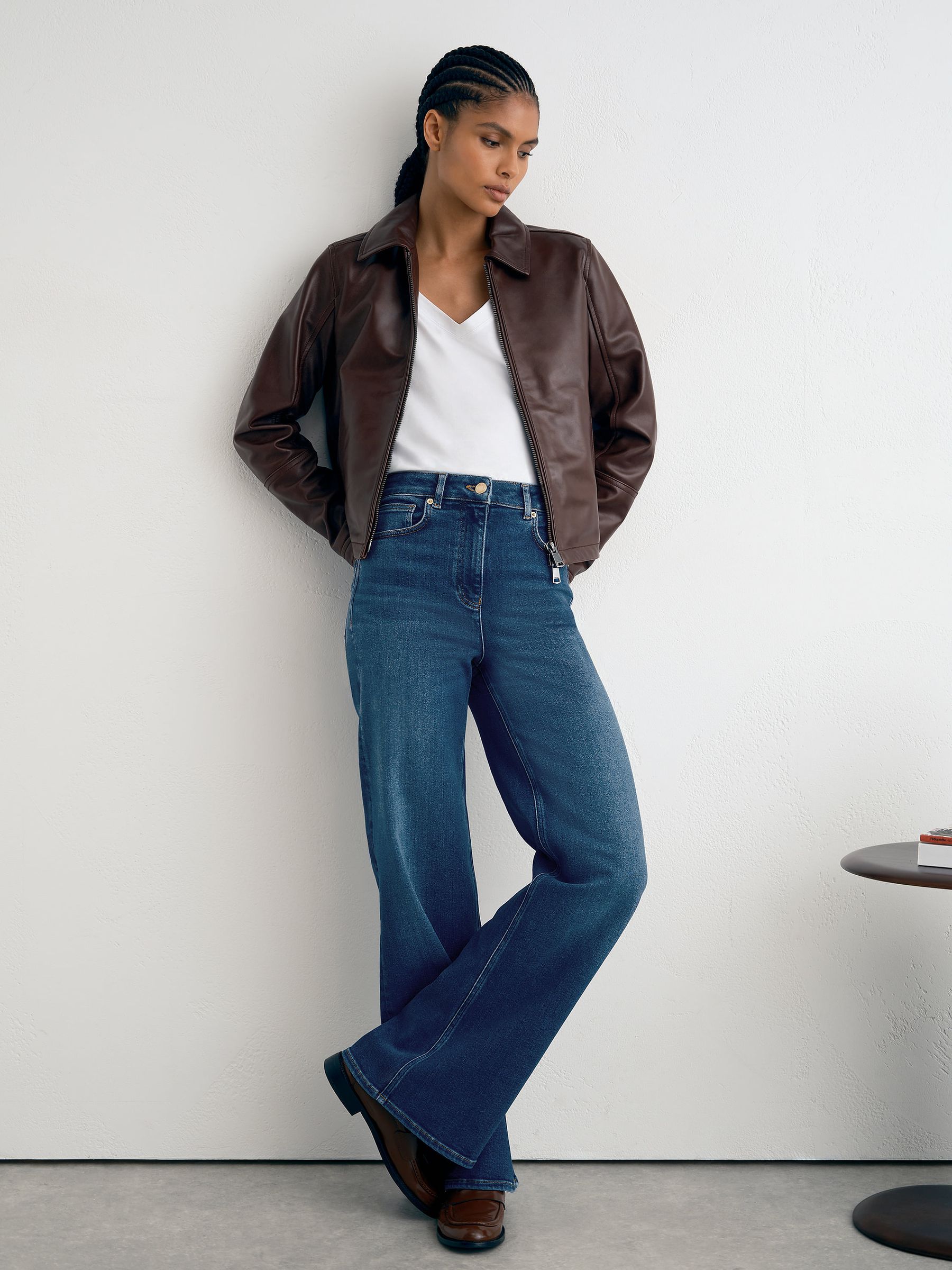 Cotton-Modal Wide-Leg Jeans in Mid Blue - Image 1 of 7 Cotton-Modal Wide-Leg Jeans in Mid Blue - Image 1 of 7