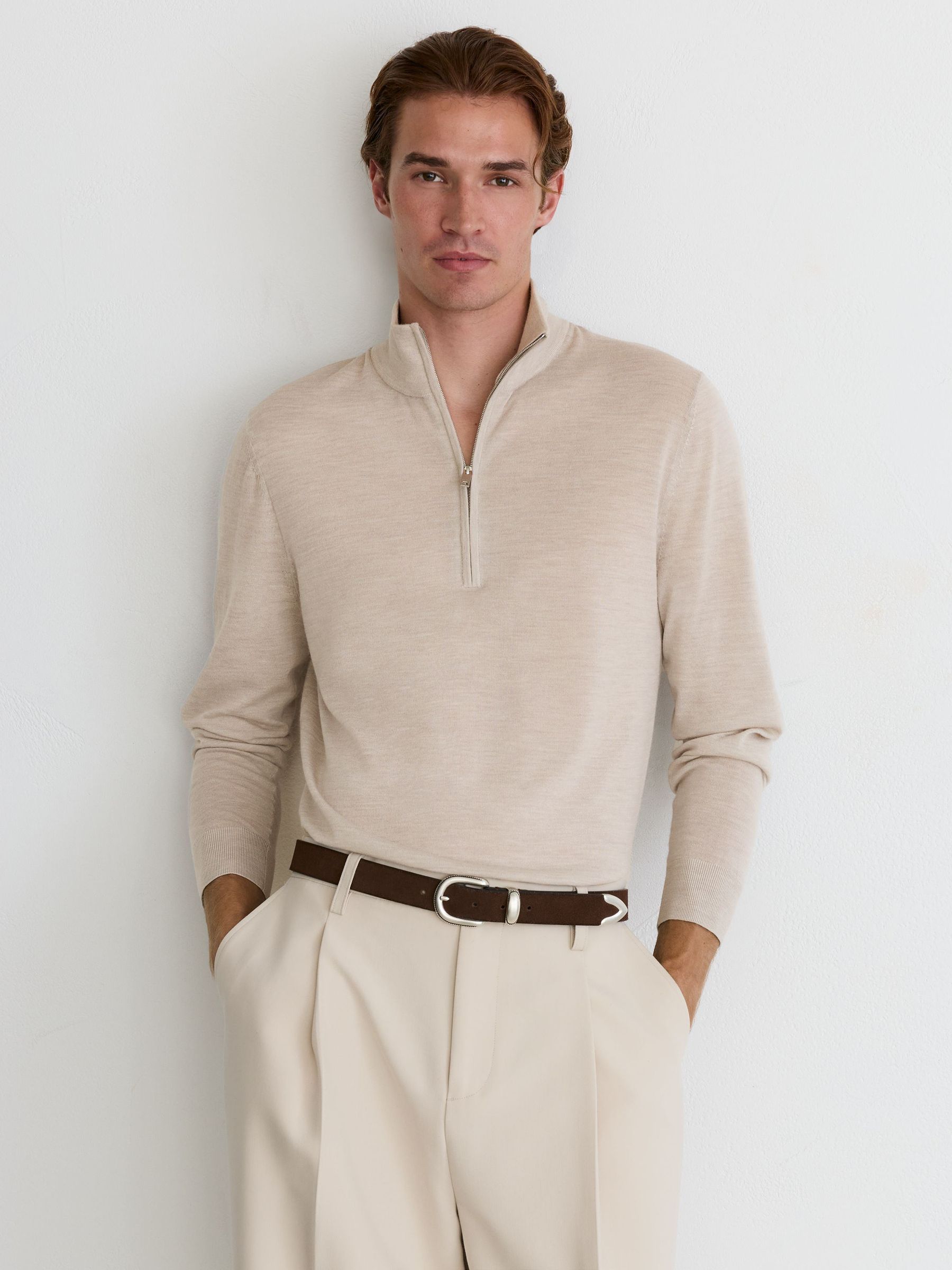 Ultra-Fine Merino Wool Quarter-Zip Jumper in Oatmeal Melange - Image 1 of 6