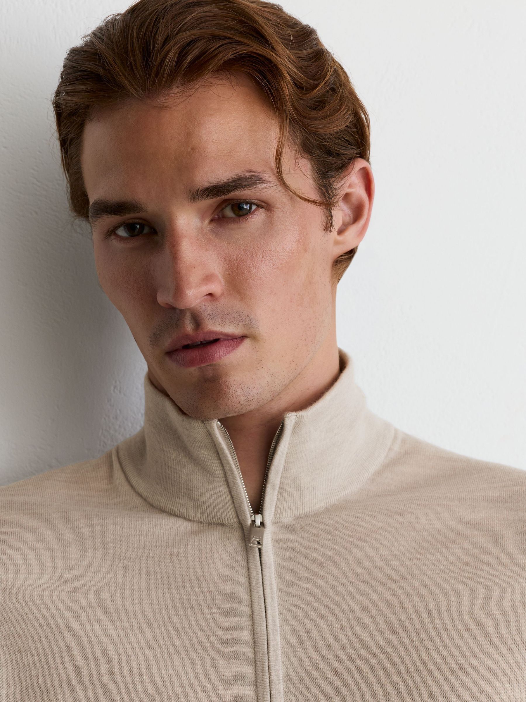 Ultra-Fine Merino Wool Quarter-Zip Jumper in Oatmeal Melange - Image 3 of 6