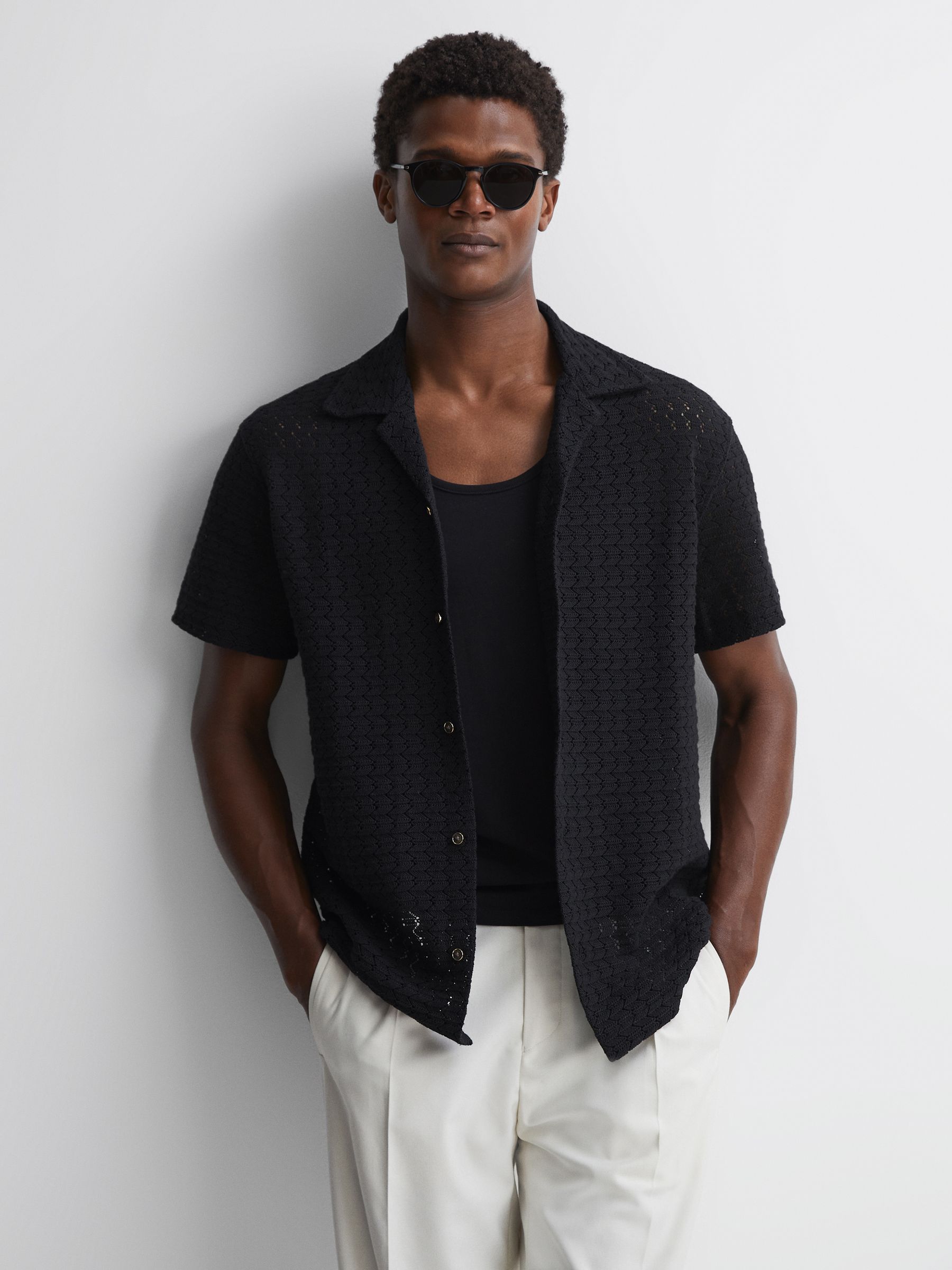 Crochet Cuban Collar Button Through T-Shirt in Black - Image 1 of 4