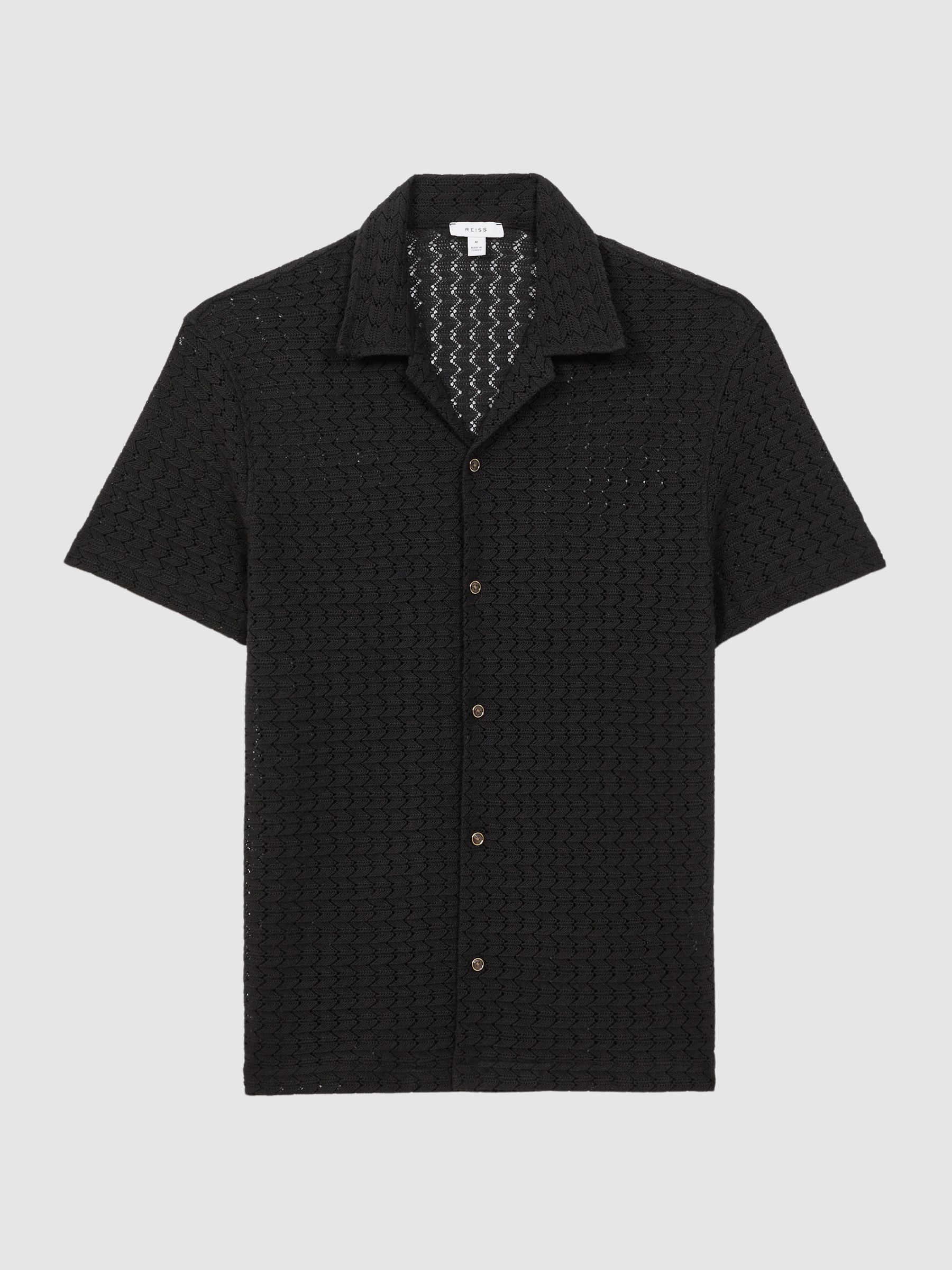Crochet Cuban Collar Button Through T-Shirt in Black - Image 2 of 4