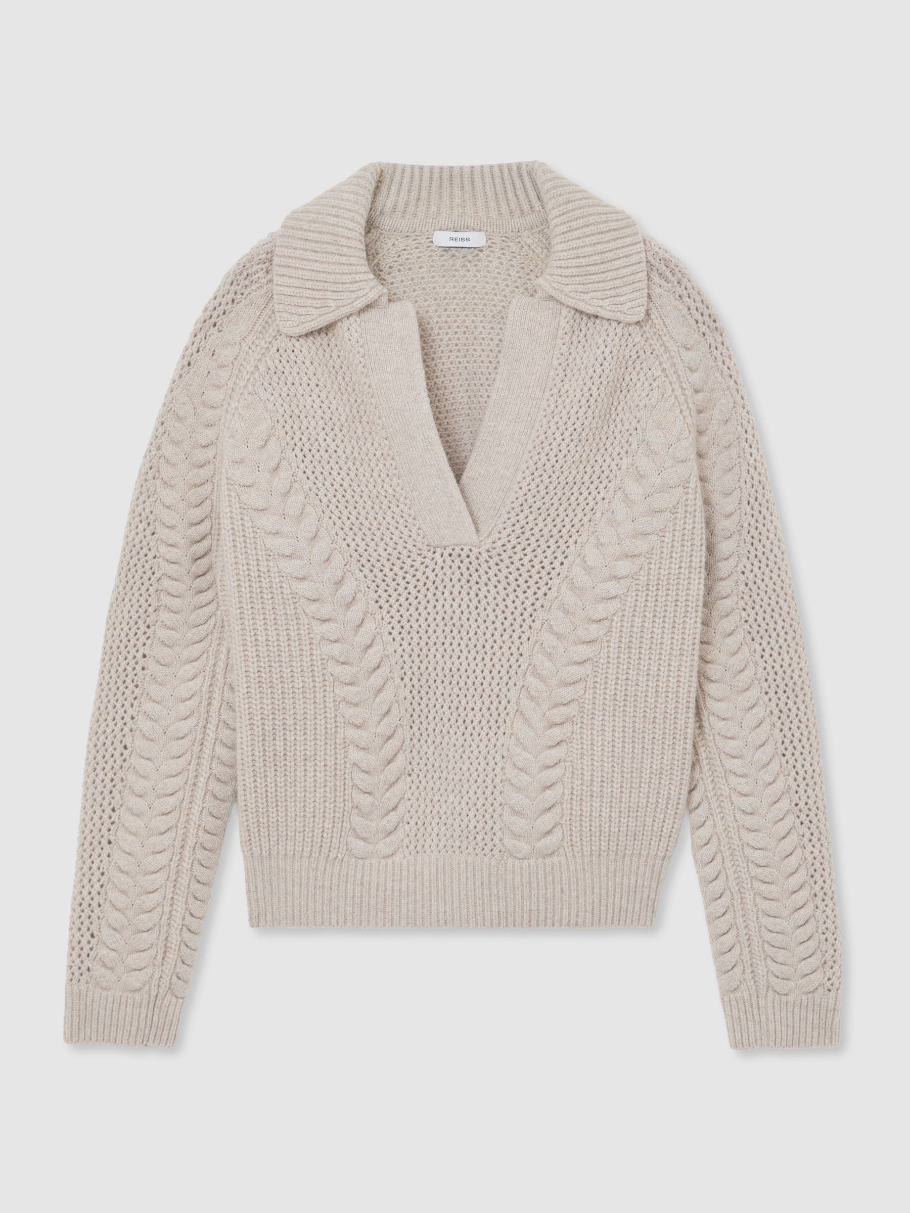 Wool Cable-Knit Open-Collar Jumper in Neutral - Image 2 of 6