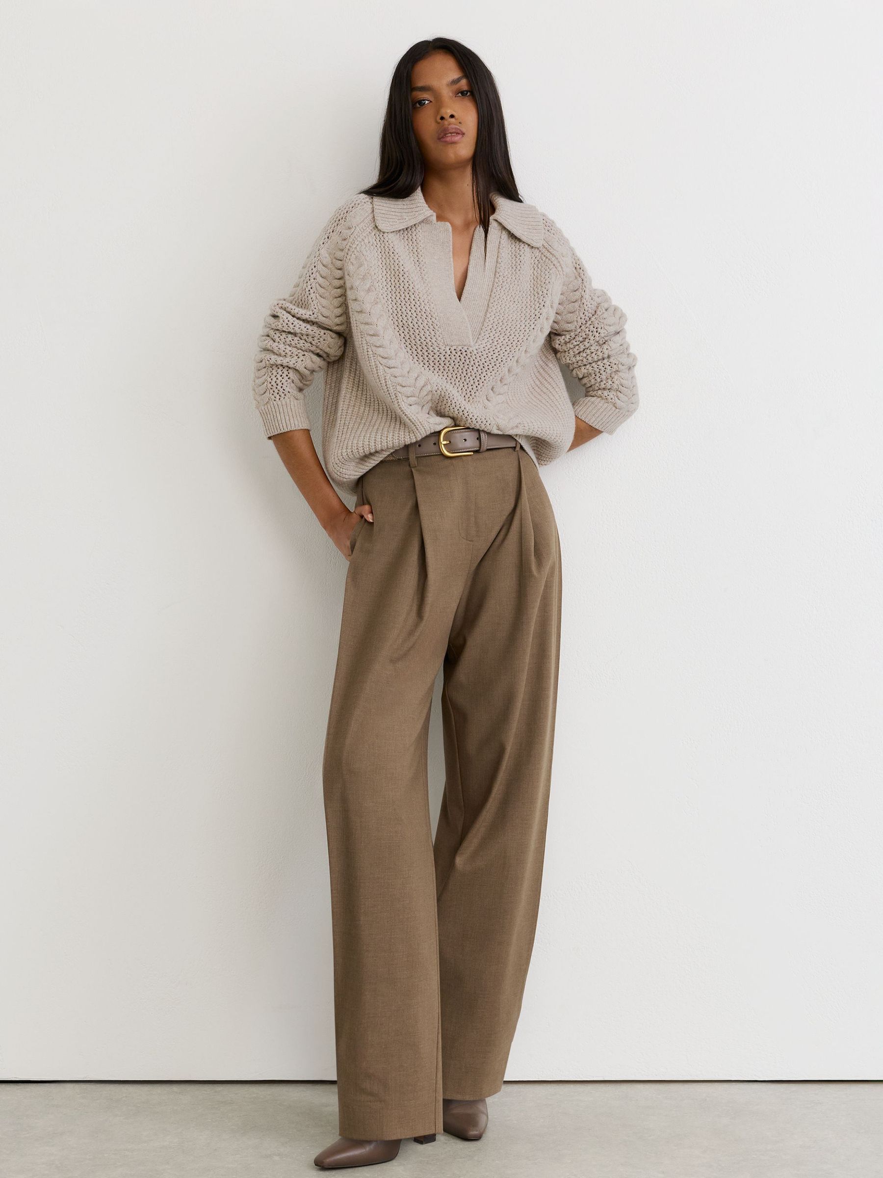 Wool Cable-Knit Open-Collar Jumper in Neutral - Image 3 of 6