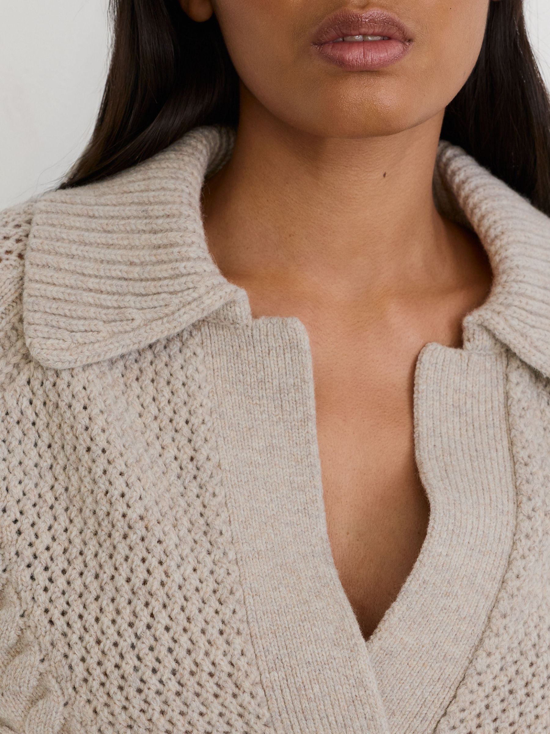 Wool Cable-Knit Open-Collar Jumper in Neutral - Image 4 of 6
