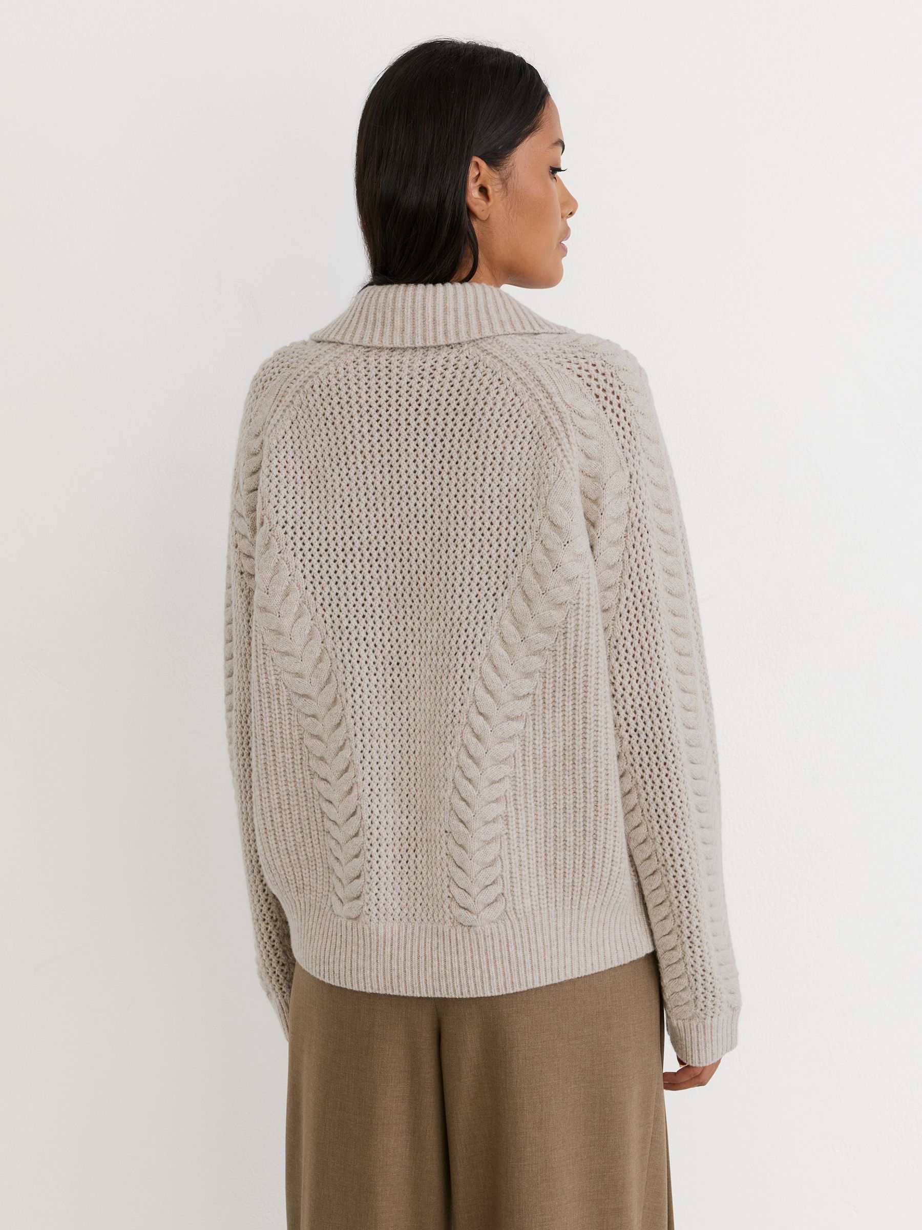 Wool Cable-Knit Open-Collar Jumper in Neutral - Image 5 of 6