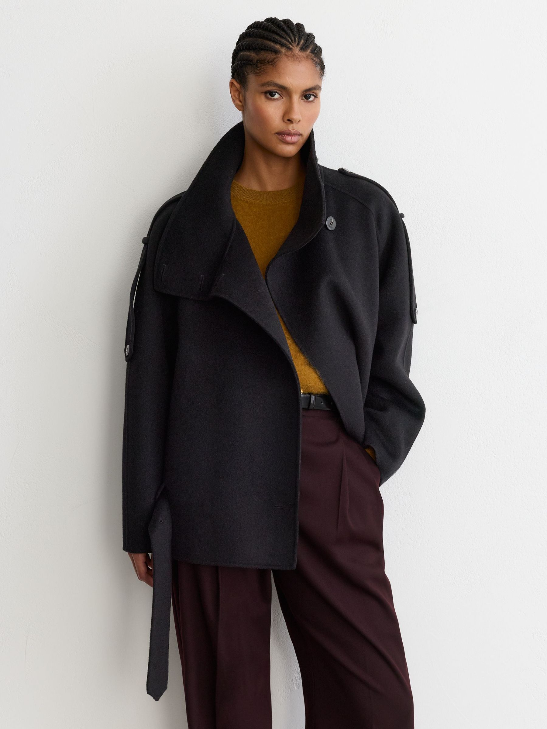 Wool-Blend Funnel-Neck Blindseam Coat in Black - Image 1 of 7
