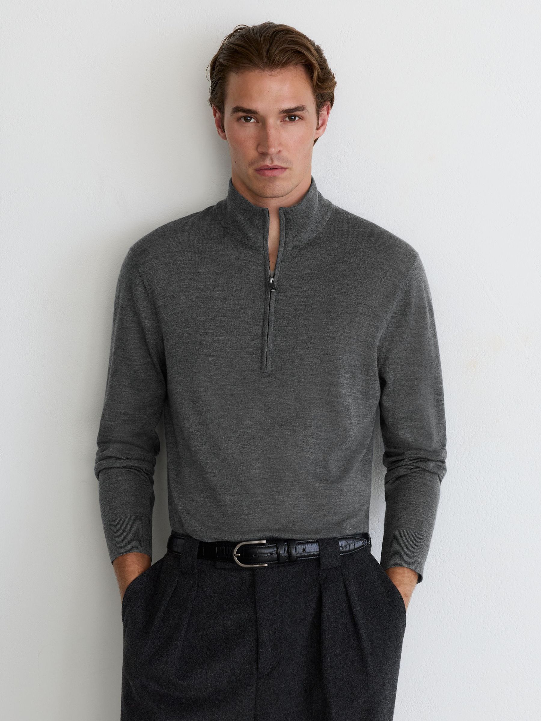 Ultra-Fine Merino Wool Quarter-Zip Jumper in Charcoal Melange - Image 5 of 8