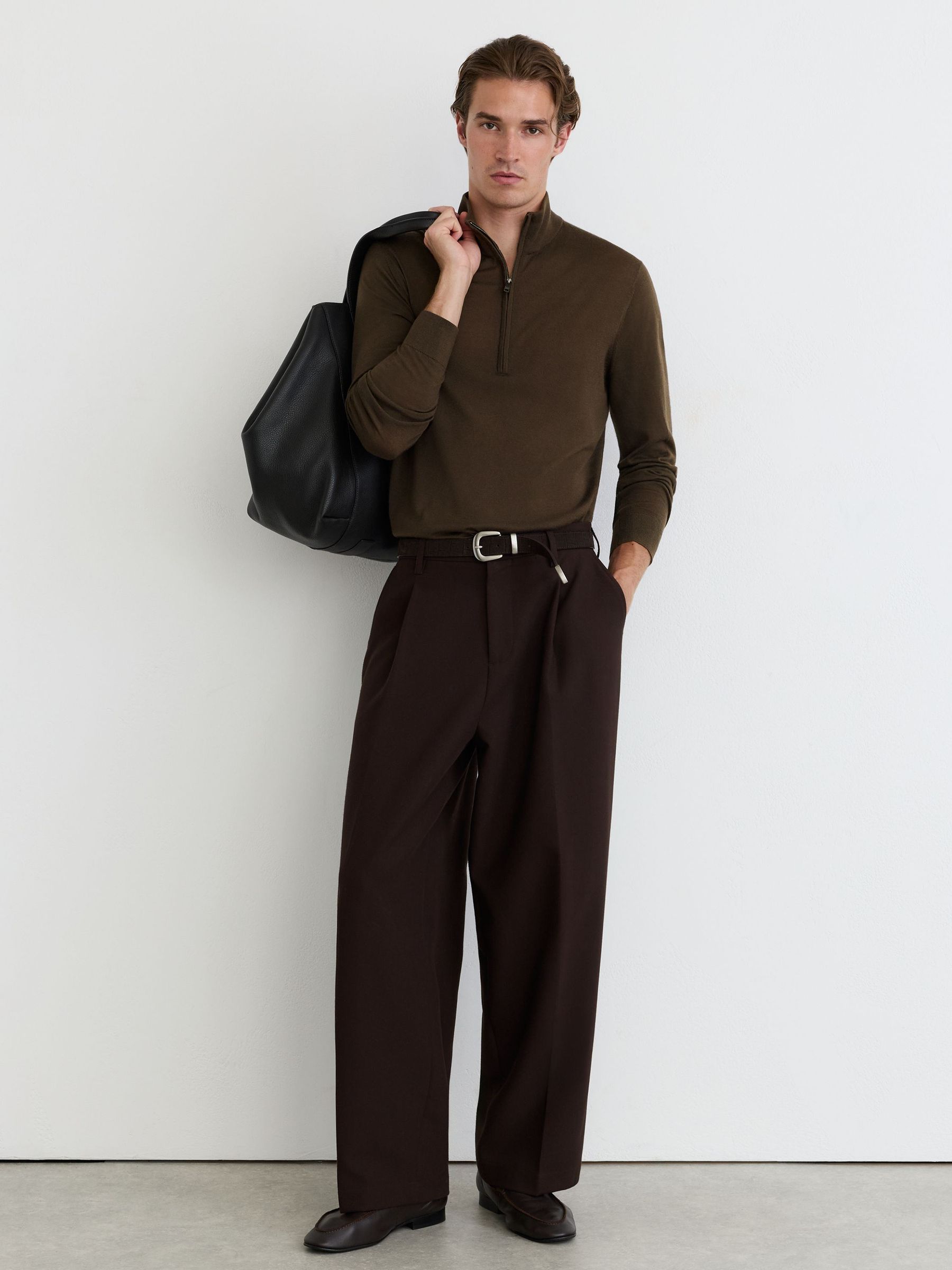 Ultra-Fine Merino Wool Quarter-Zip Jumper in Brown Umber - Image 1 of 6
