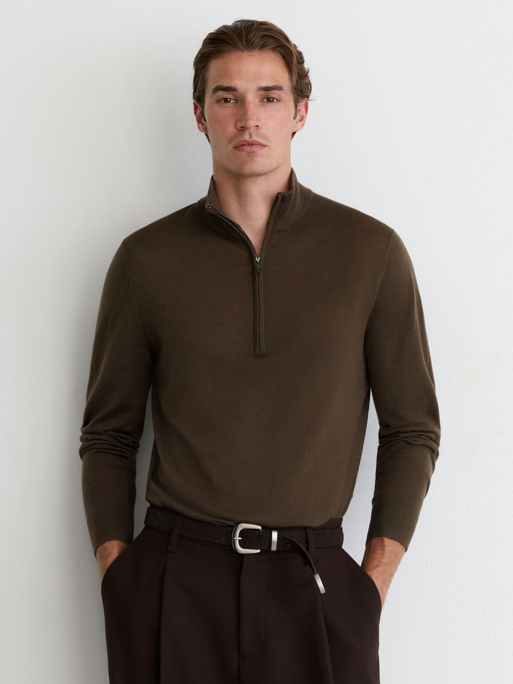 Ultra-Fine Merino Wool Quarter-Zip Jumper in Brown Umber - Image 3 of 6