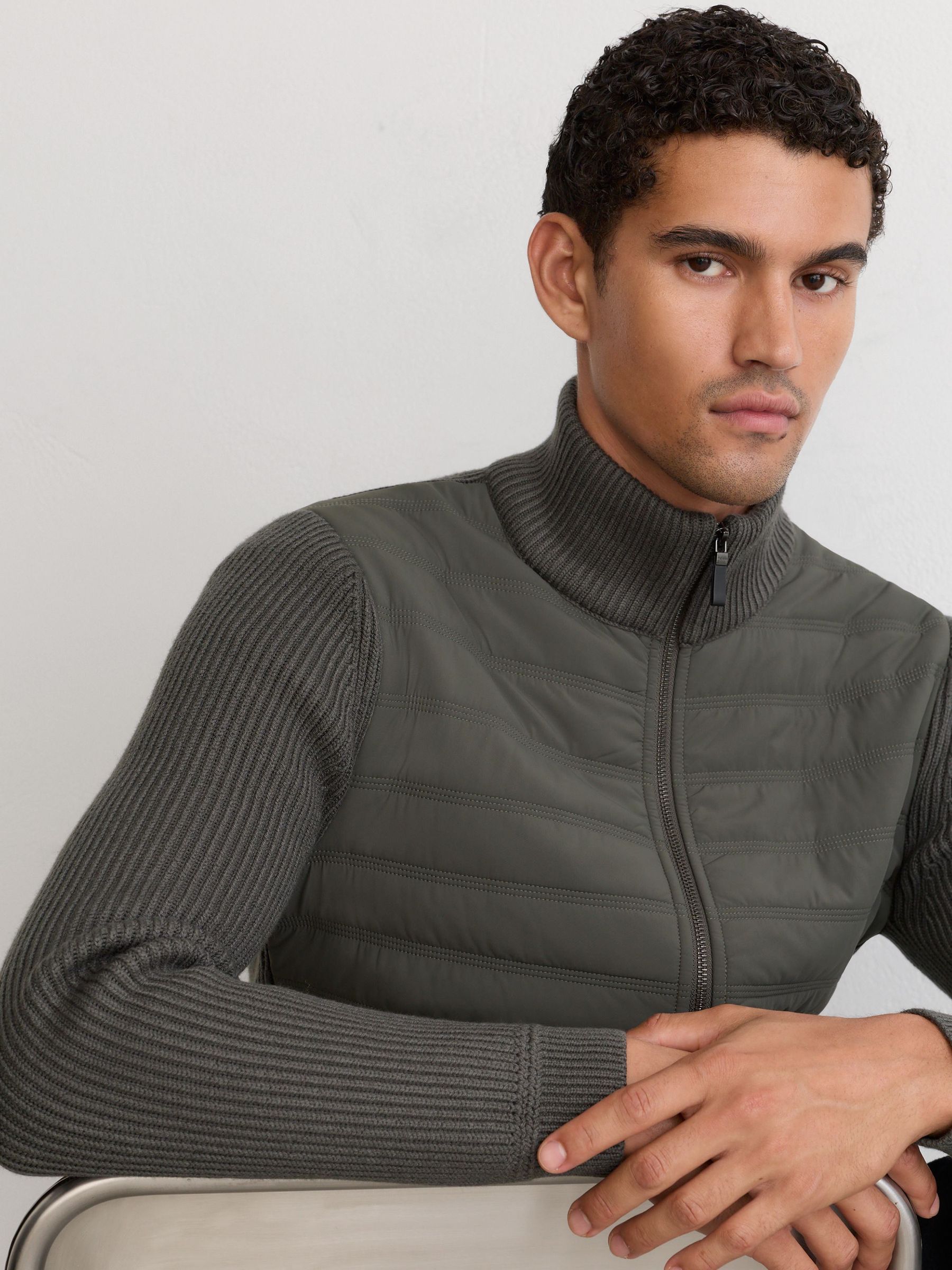 Quilted Rib-Knit Funnel-Neck Jacket in Army Green - Image 1 of 9 Quilted Rib-Knit Funnel-Neck Jacket in Army Green - Image 1 of 9
