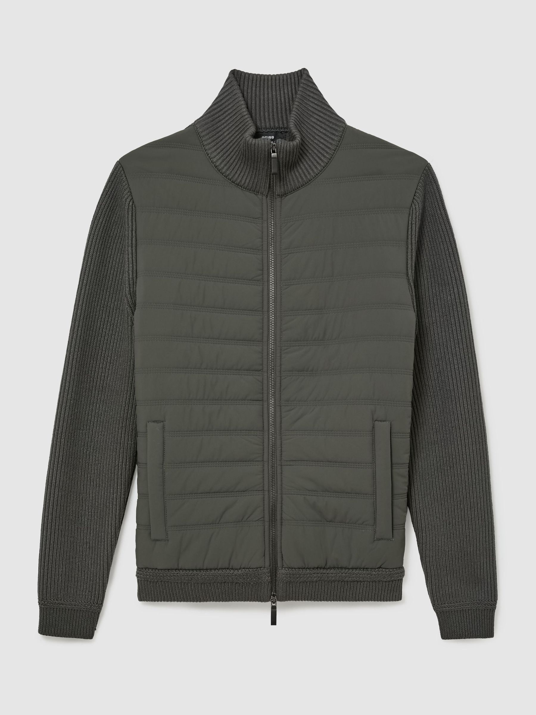 Quilted Rib-Knit Funnel-Neck Jacket in Army Green - Image 2 of 9 Quilted Rib-Knit Funnel-Neck Jacket in Army Green - Image 2 of 9