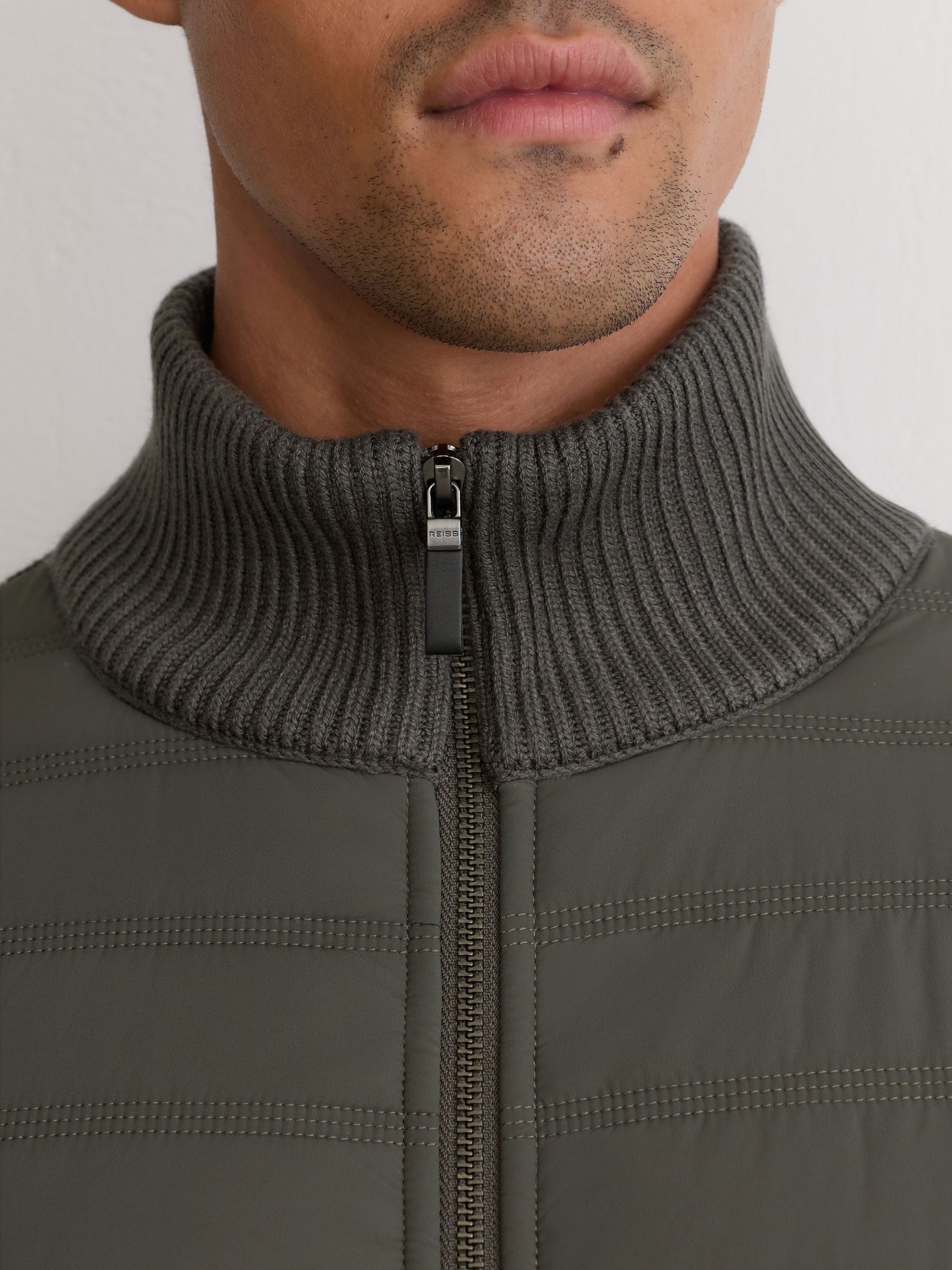 Quilted Rib-Knit Funnel-Neck Jacket in Army Green - Image 3 of 9