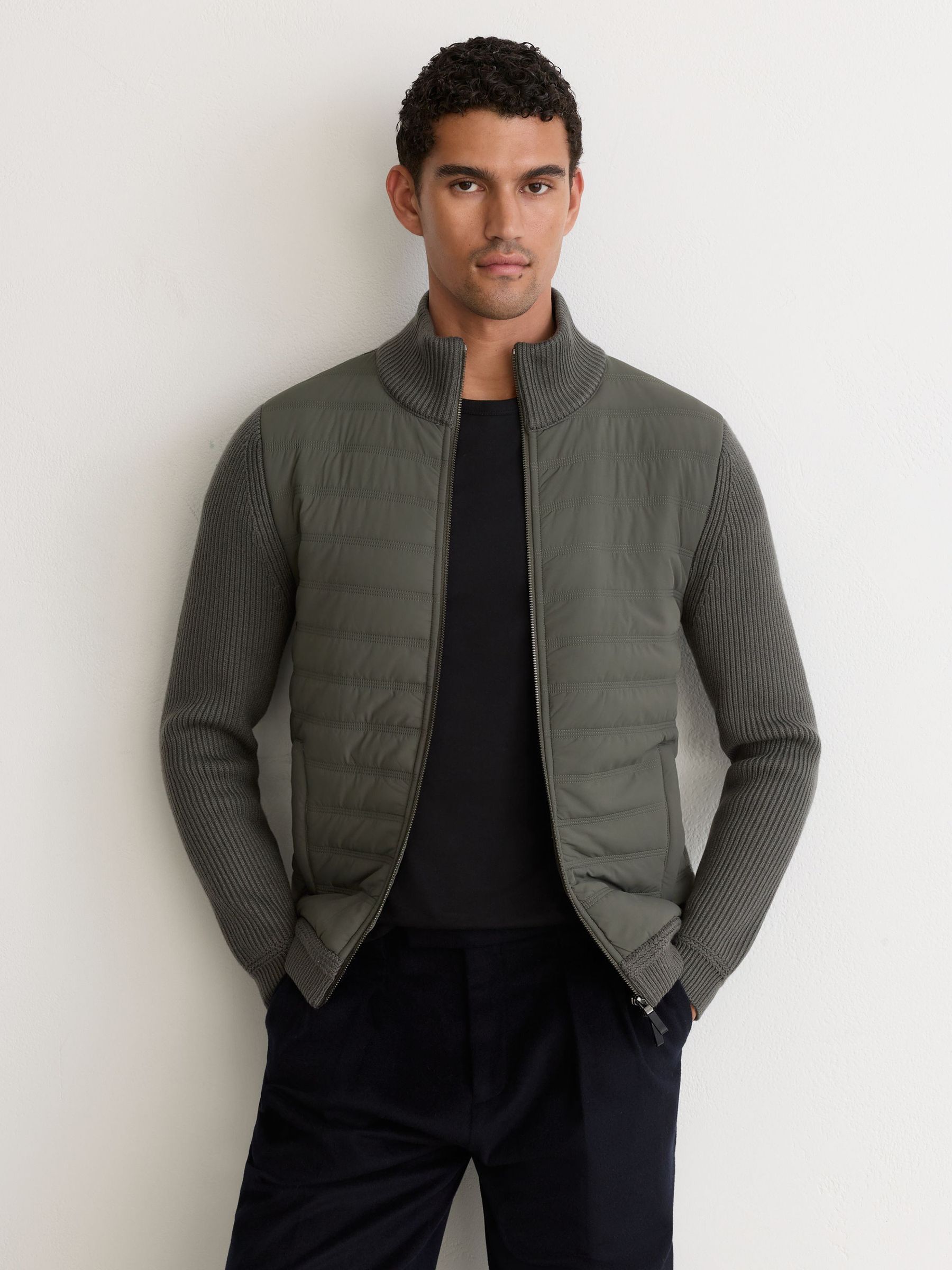 Quilted Rib-Knit Funnel-Neck Jacket in Army Green - Image 4 of 9