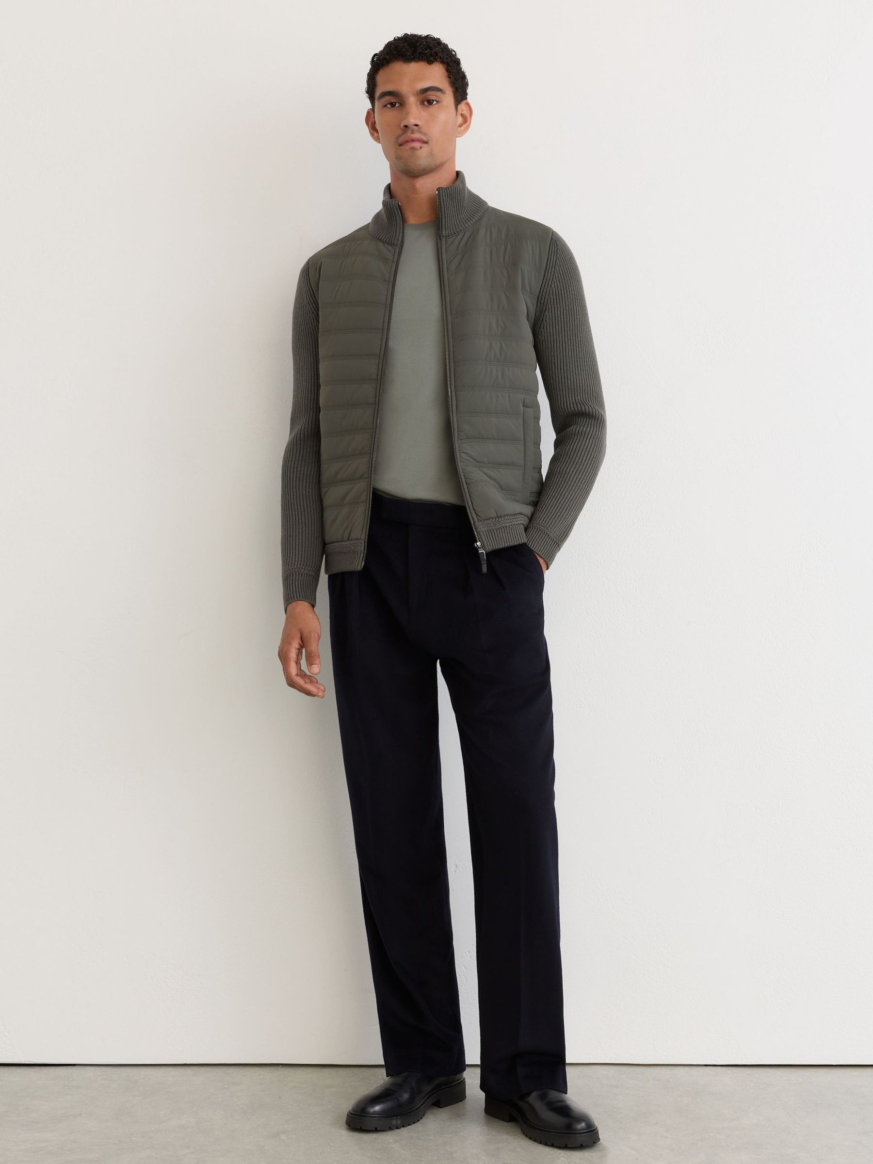 Quilted Rib-Knit Funnel-Neck Jacket in Army Green - Image 5 of 9