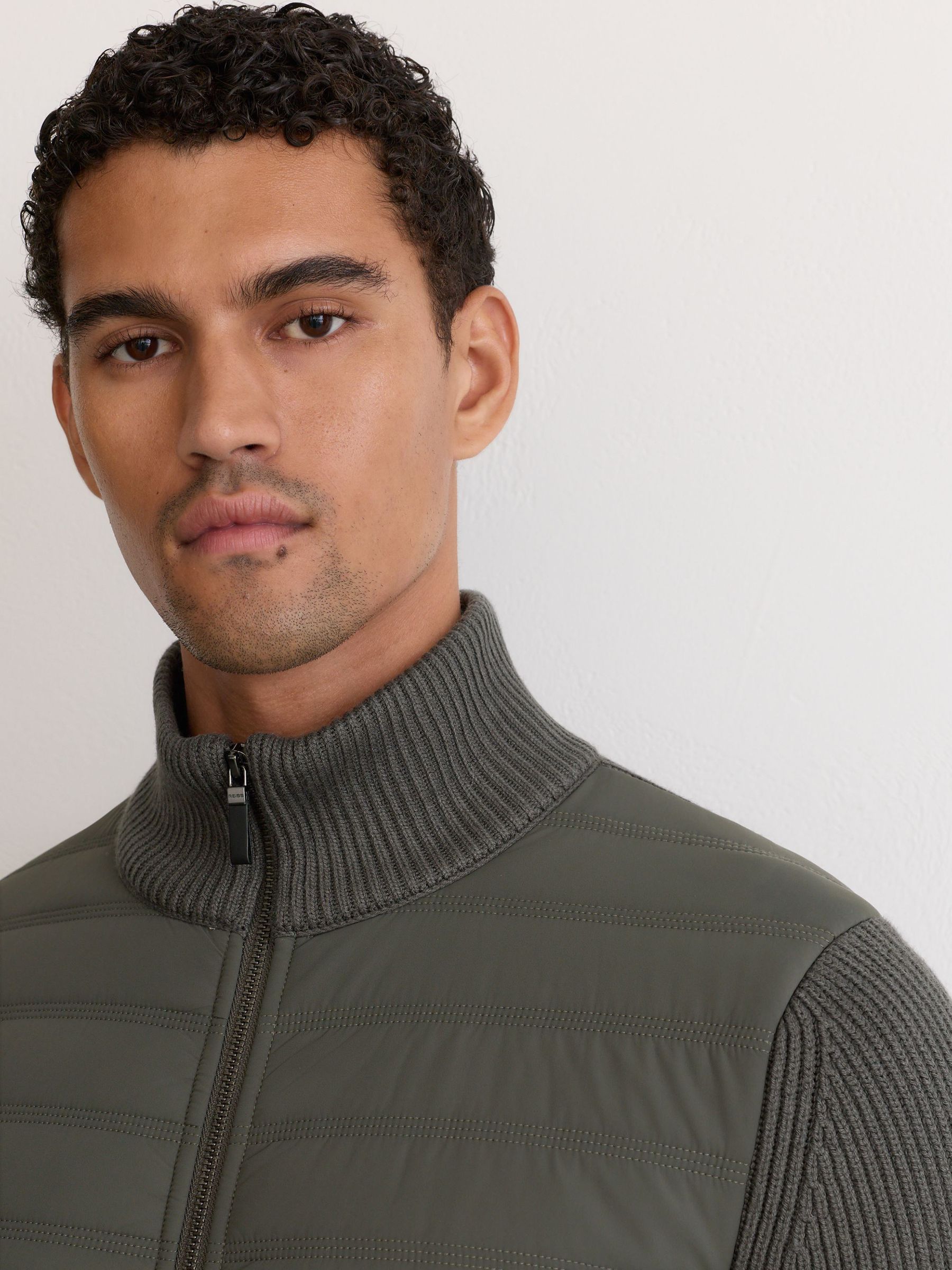 Quilted Rib-Knit Funnel-Neck Jacket in Army Green - Image 6 of 9