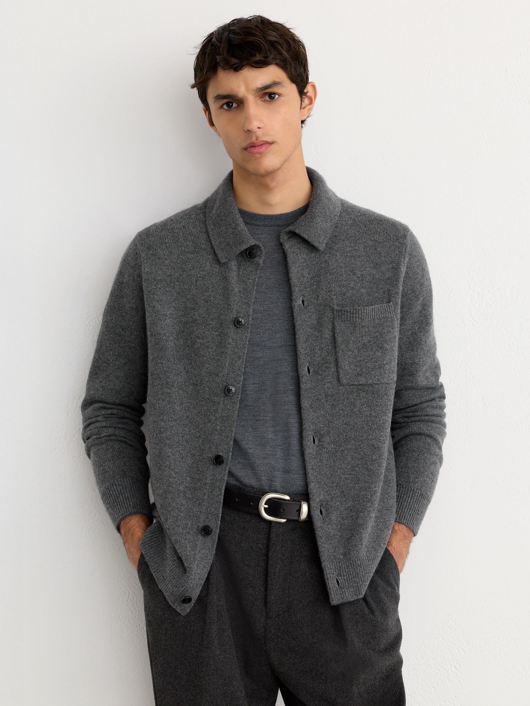 Wool-Cashmere Knitted Overshirt in Charcoal Melange - Image 3 of 6