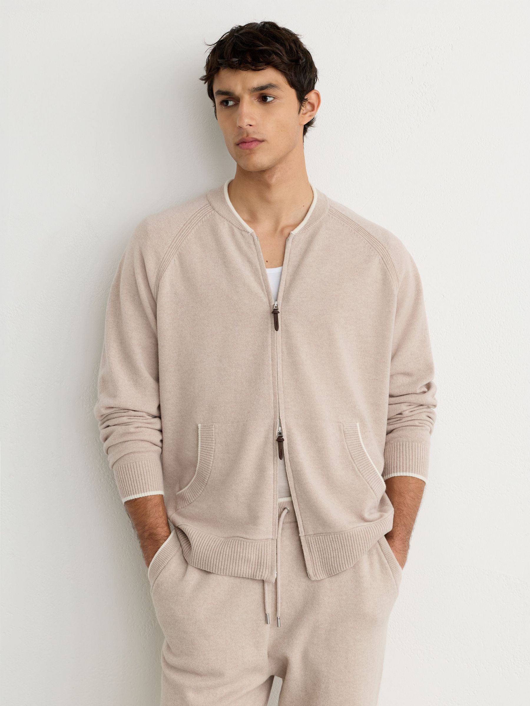 Merino Wool Zip-Through Bomber Cardigan in Oatmeal - Image 1 of 7