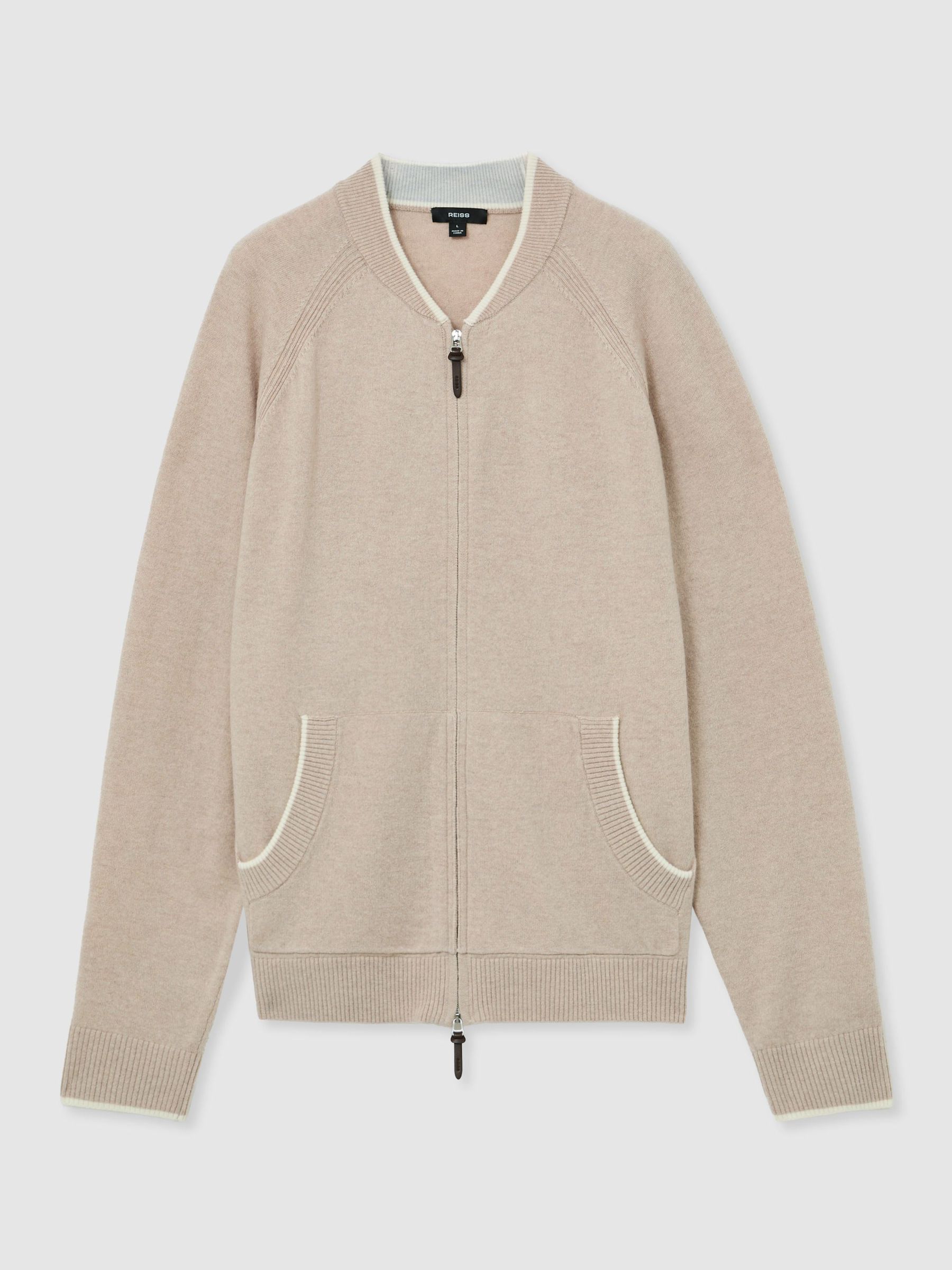 Merino Wool Zip-Through Bomber Cardigan in Oatmeal - Image 2 of 7