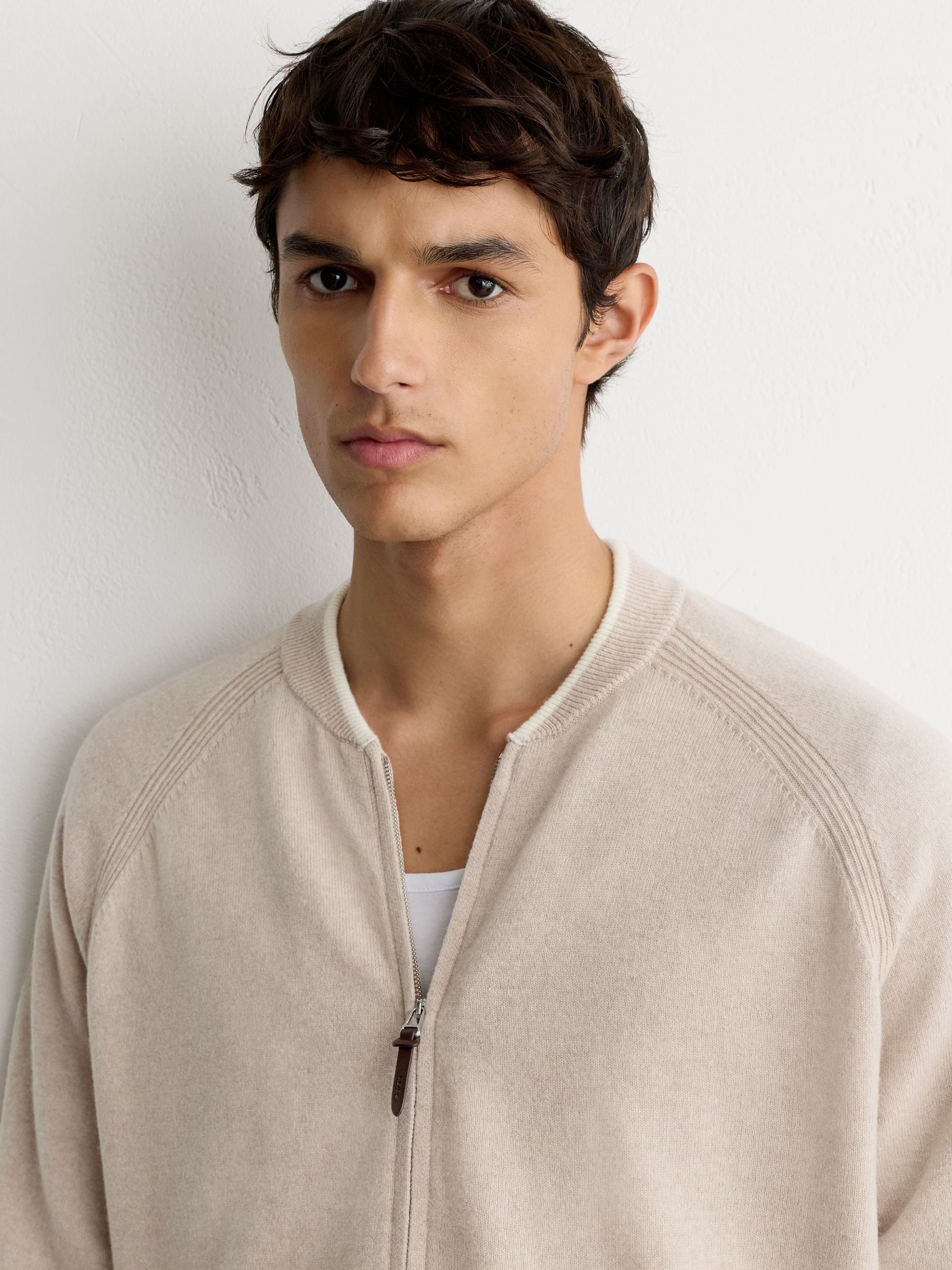 Merino Wool Zip-Through Bomber Cardigan in Oatmeal - Image 6 of 7