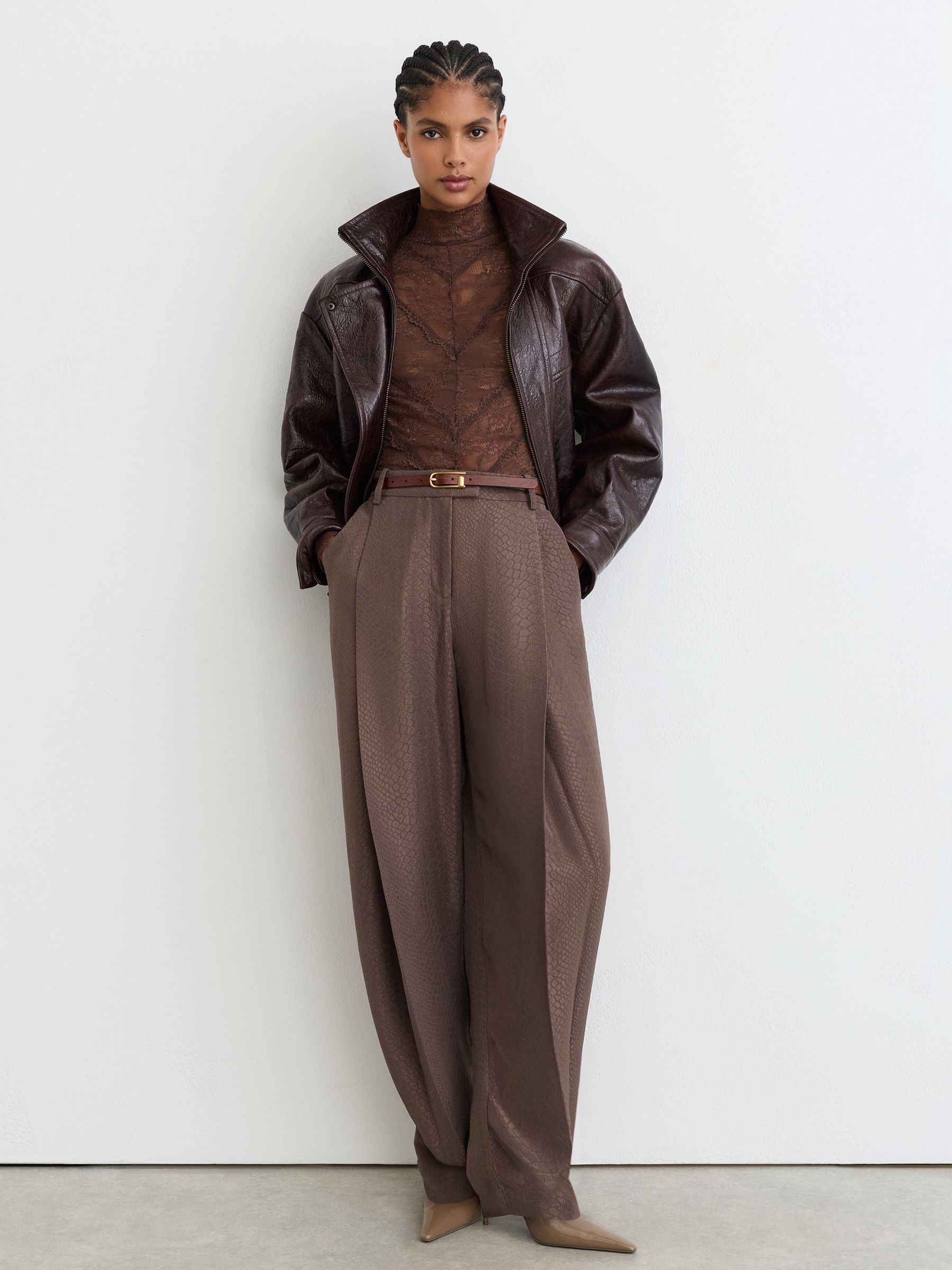 Pantalon coupe ballon en jacquard à plis profonds Marron - Image 1 de 7