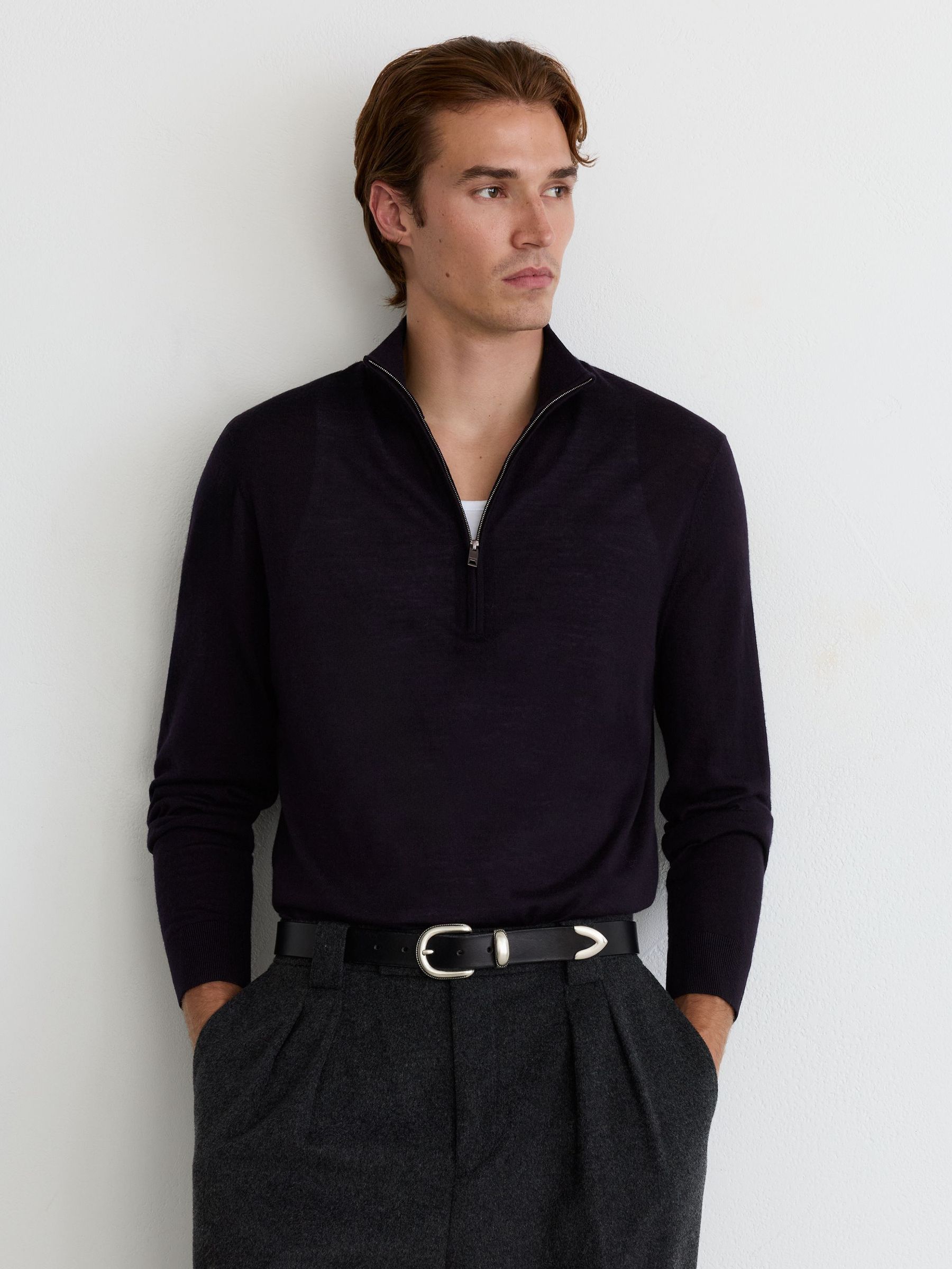 Ultra-Fine Merino Wool Quarter-Zip Jumper in Navy - Image 7 of 10