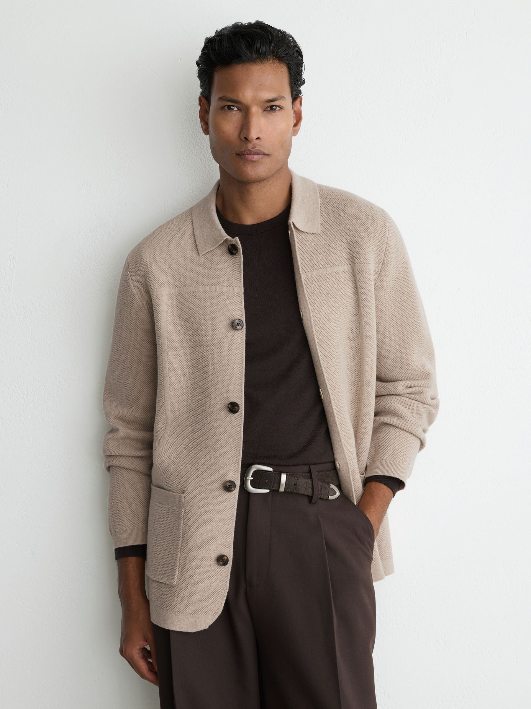 Wool Collared Patch-Pocket Cardigan in Oatmeal - Image 1 of 7 Wool Collared Patch-Pocket Cardigan in Oatmeal - Image 1 of 7