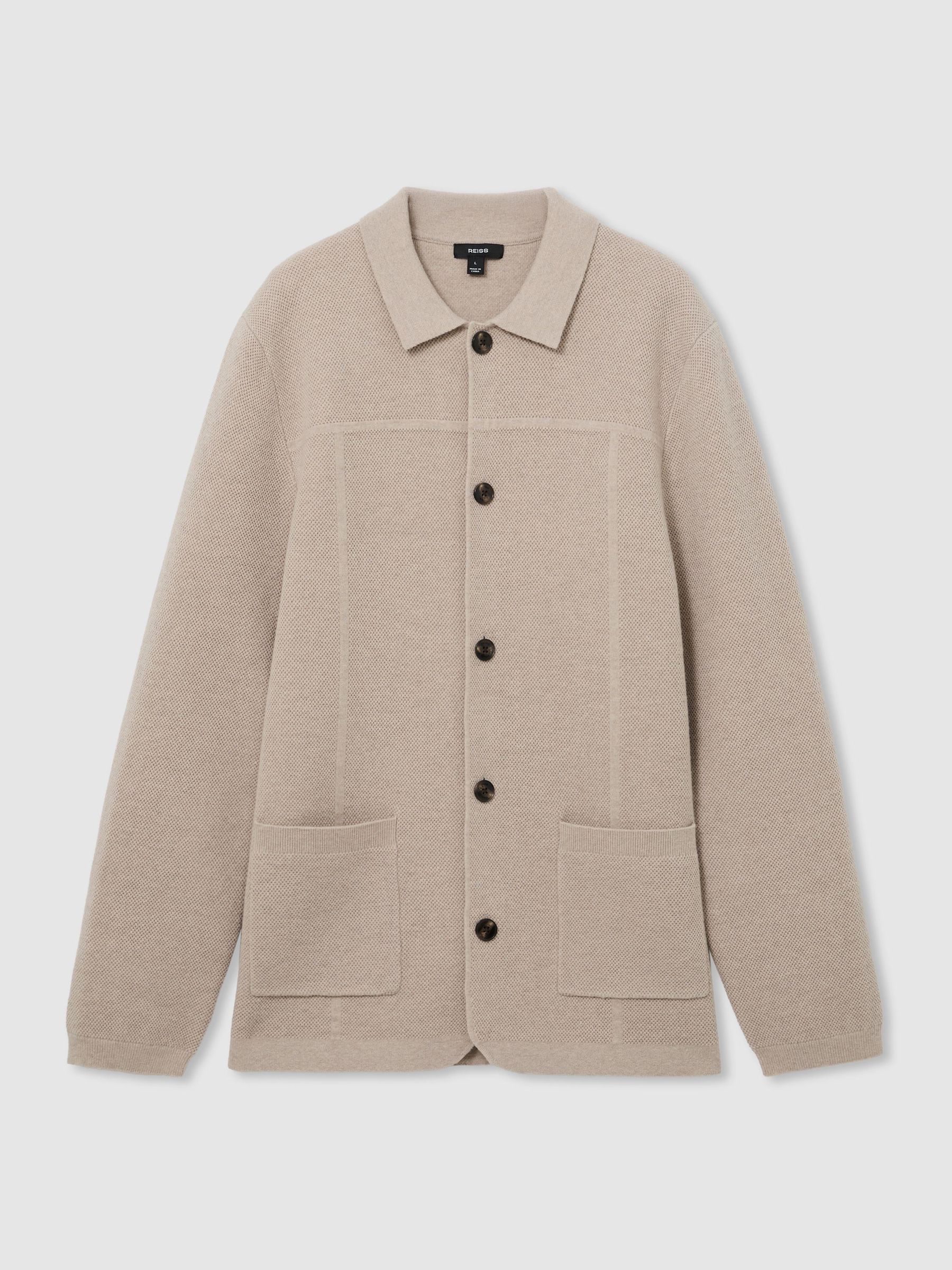 Wool Collared Patch-Pocket Cardigan in Oatmeal - Image 2 of 7 Wool Collared Patch-Pocket Cardigan in Oatmeal - Image 2 of 7