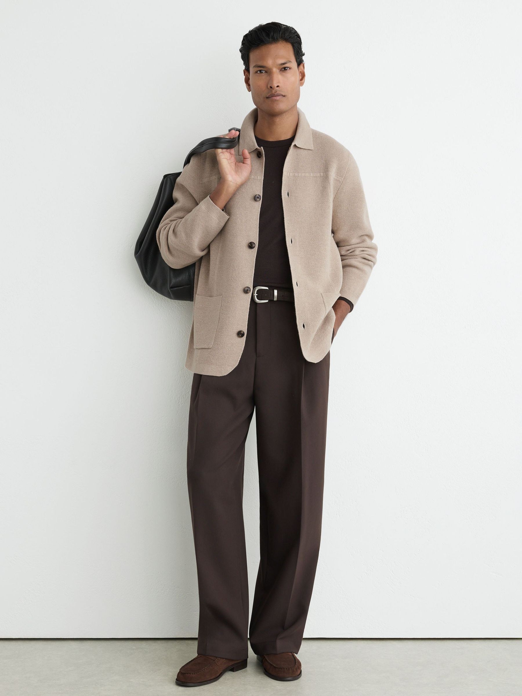 Wool Collared Patch-Pocket Cardigan in Oatmeal - Image 3 of 7