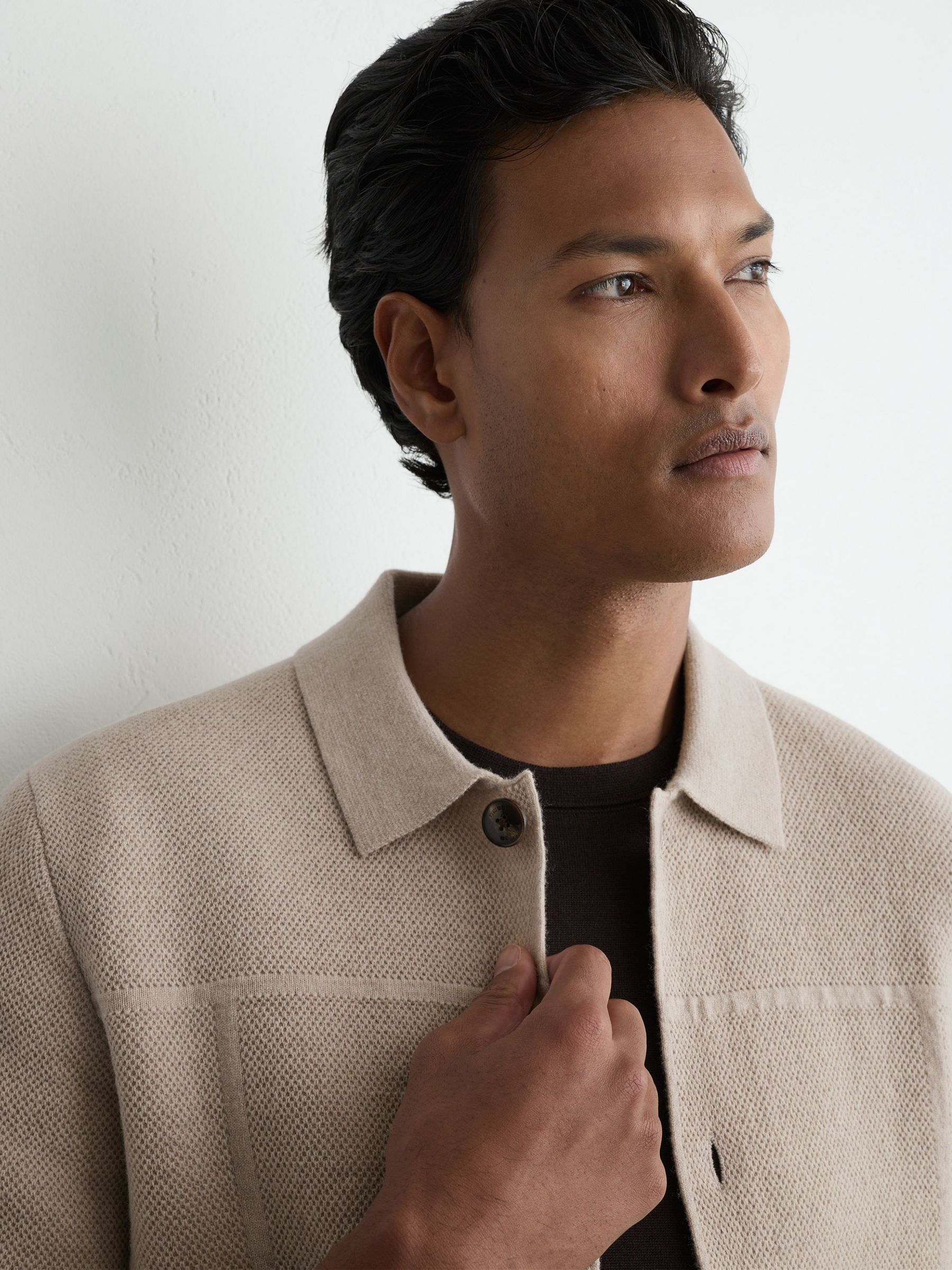 Wool Collared Patch-Pocket Cardigan in Oatmeal - Image 4 of 7