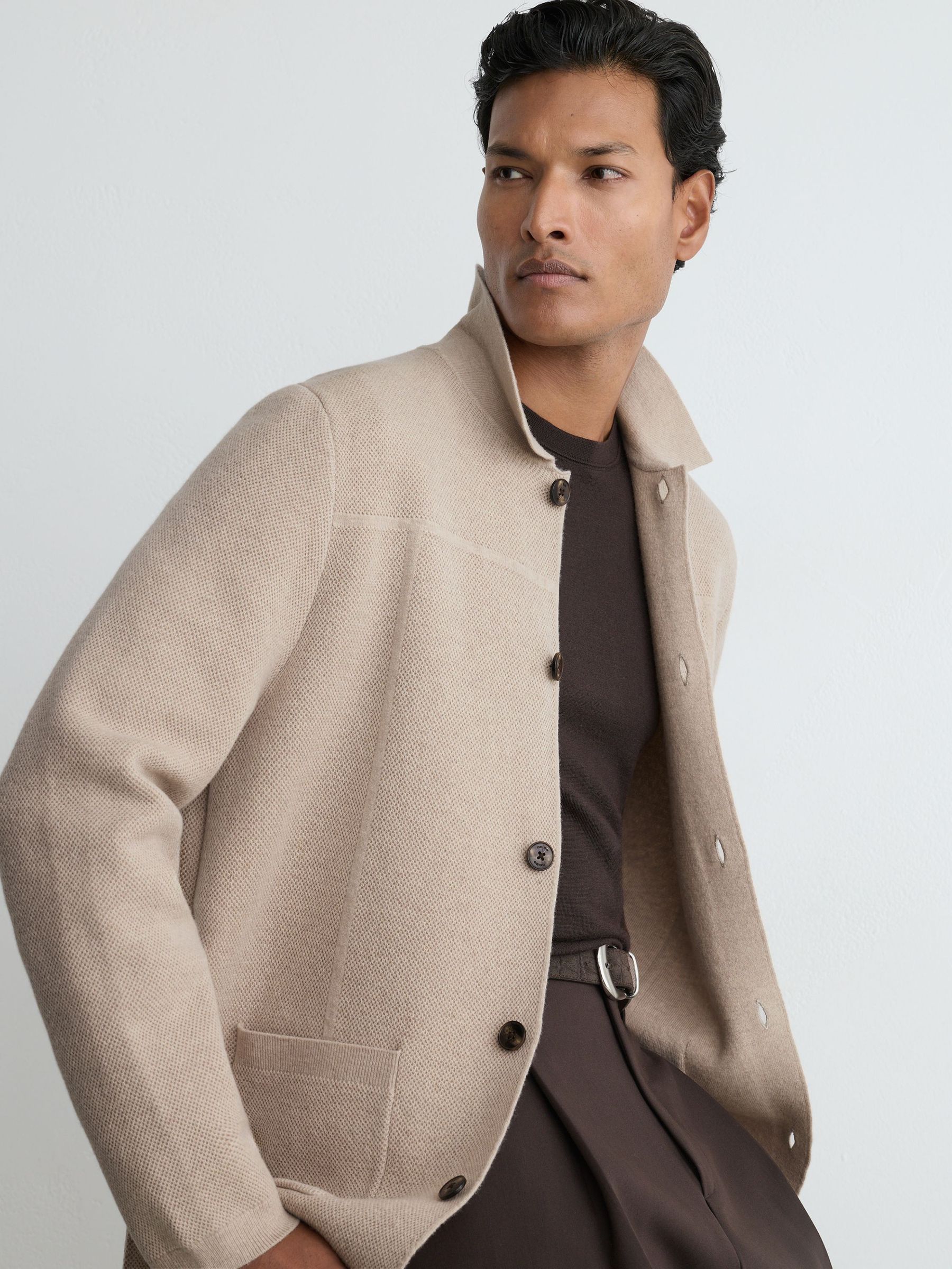 Wool Collared Patch-Pocket Cardigan in Oatmeal - Image 6 of 7