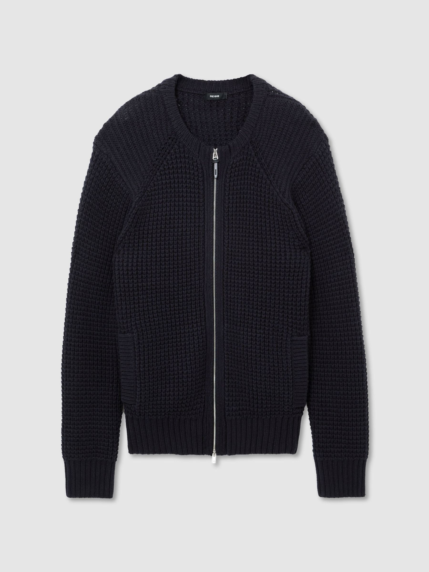 Waffle-Knit Dual-Zip Bomber Jacket in Navy - Image 2 de 6 Waffle-Knit Dual-Zip Bomber Jacket in Navy - Image 2 de 6