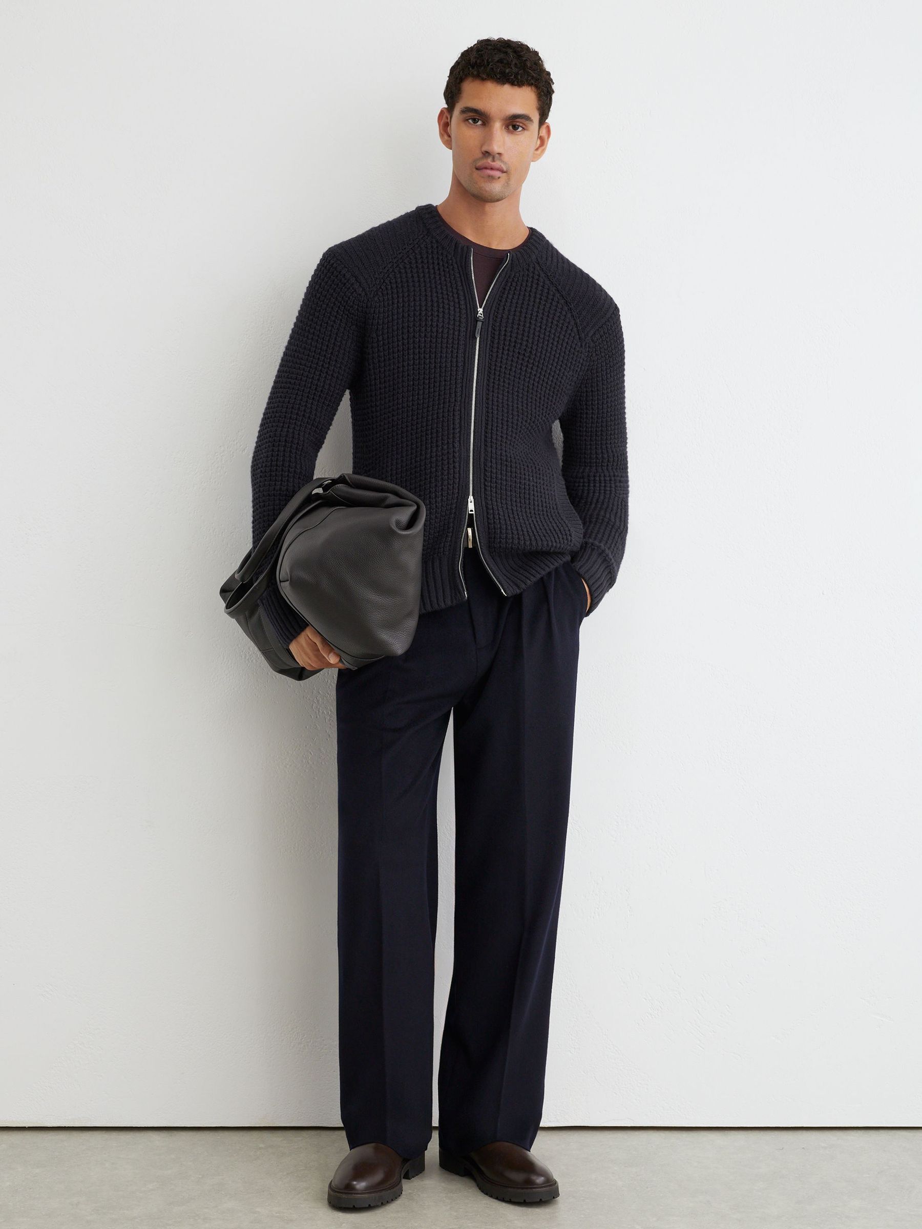 Waffle-Knit Dual-Zip Bomber Jacket in Navy - Image 3 de 6
