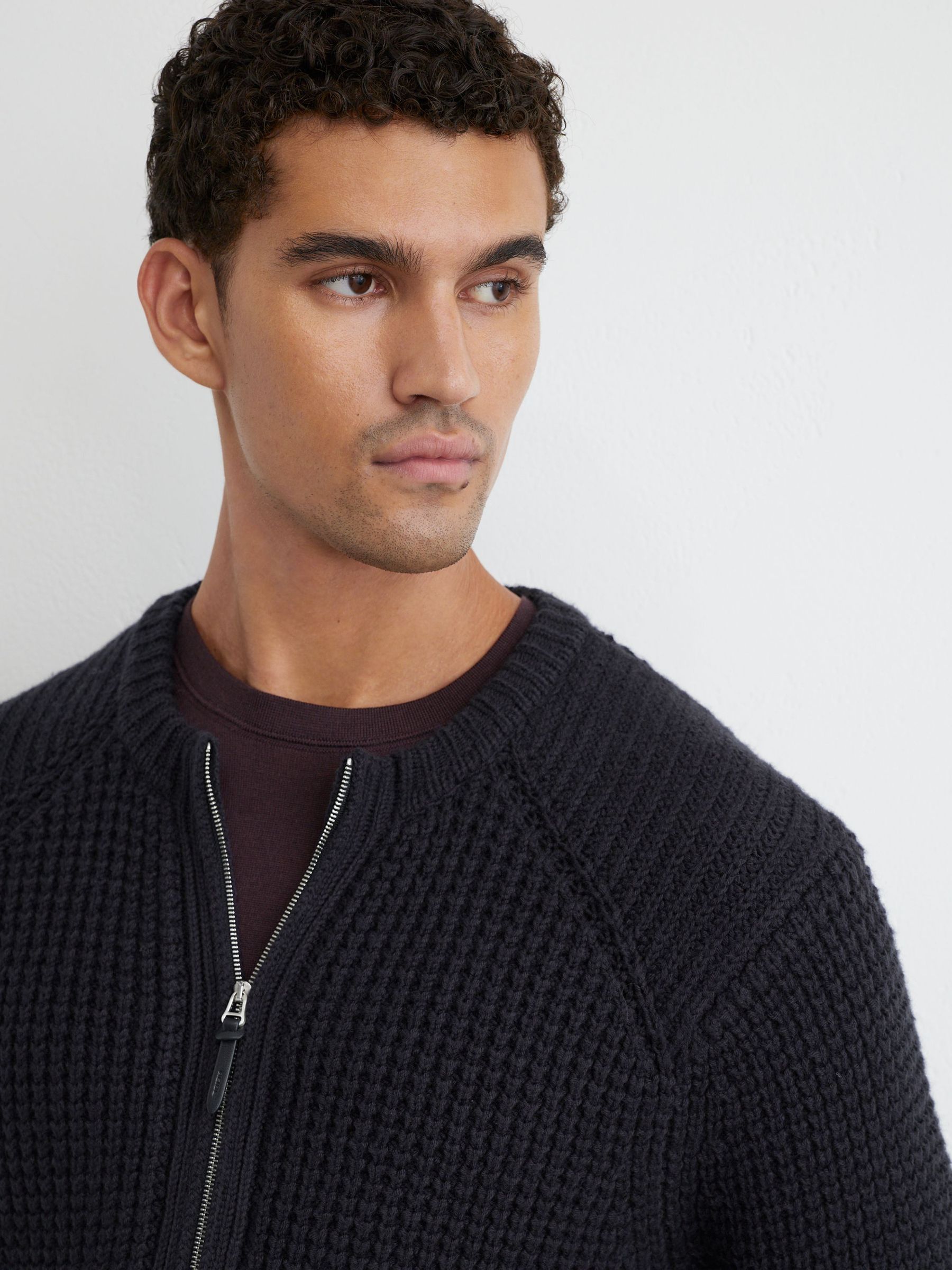 Waffle-Knit Dual-Zip Bomber Jacket in Navy - Image 4 de 6