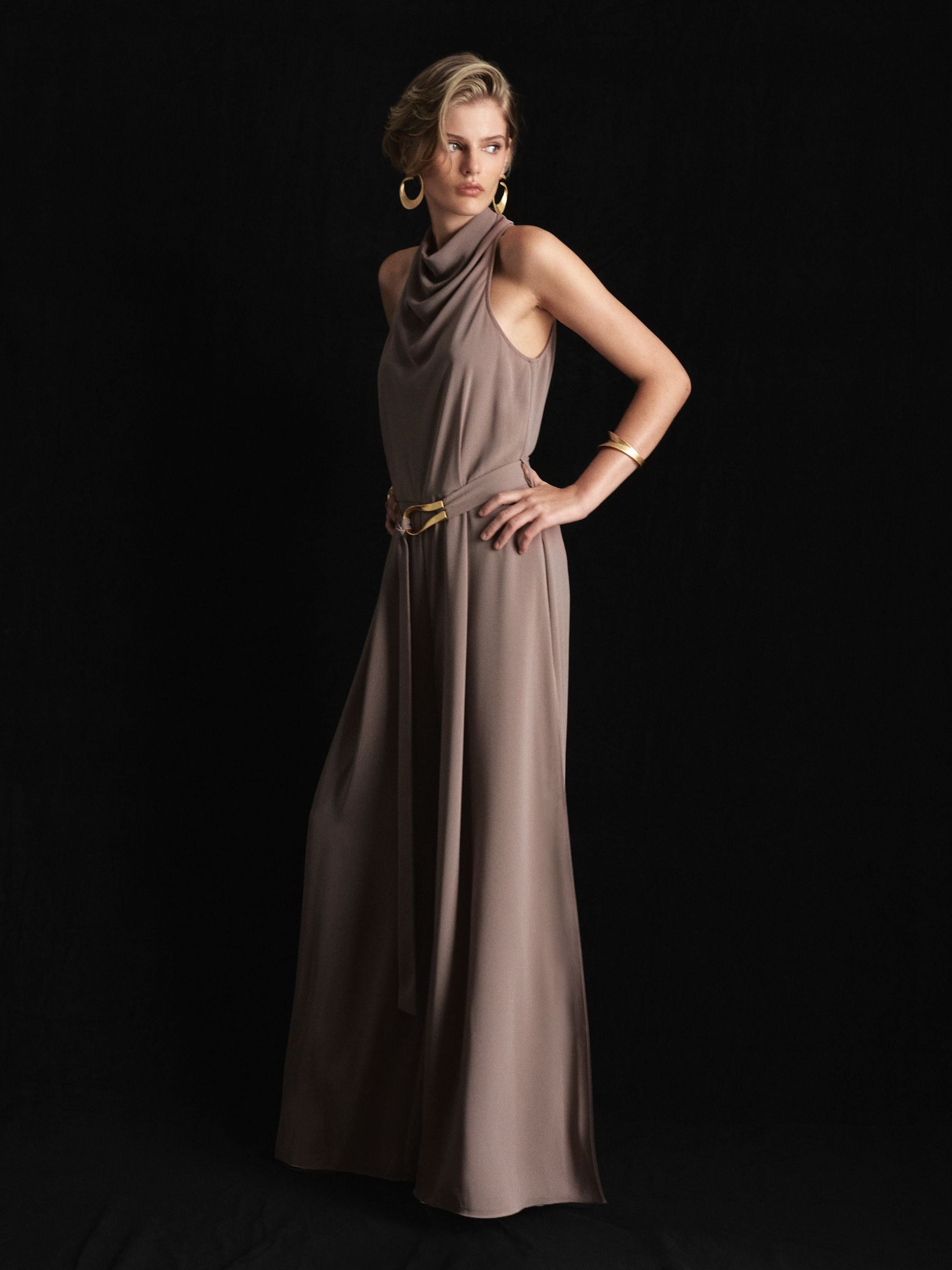 Atelier Cowl-Neck Belted Wide-Leg Jumpsuit in Taupe - Image 7 of 8