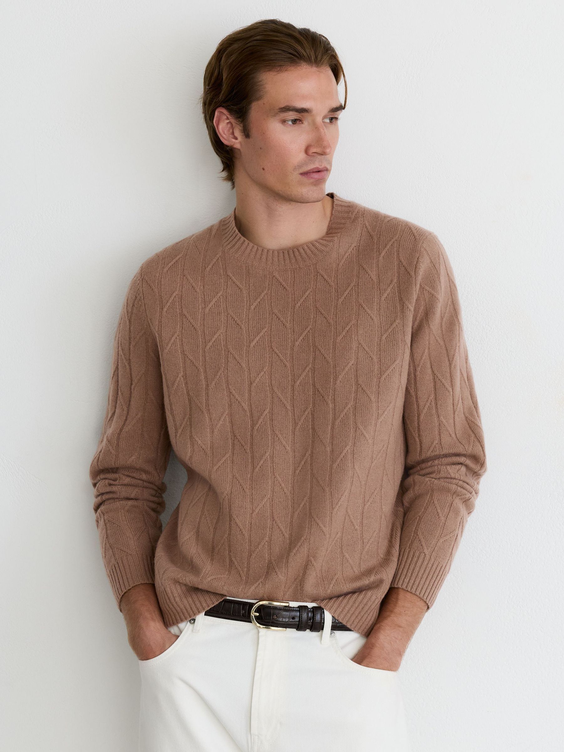 Wool Twisted-Cable Crew-Neck Jumper in Camel Brown - Image 1 of 7 Wool Twisted-Cable Crew-Neck Jumper in Camel Brown - Image 1 of 7